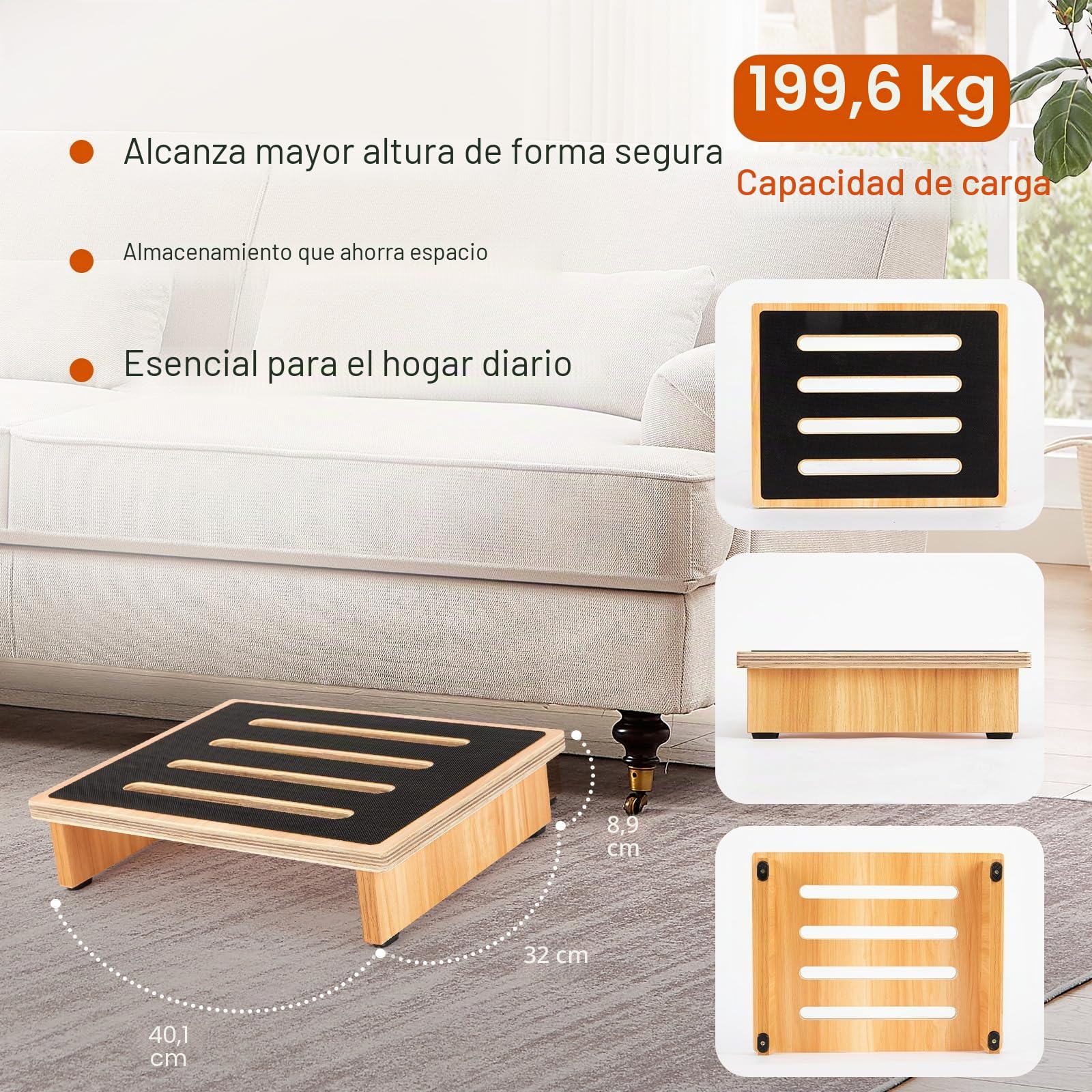 StrongTek Escalón de Madera 1 Peldaño Antideslizante 200 kg | Elevador portátil de madera de un escalón con cubierta de goma antideslizante y soporte de hasta 200 kg