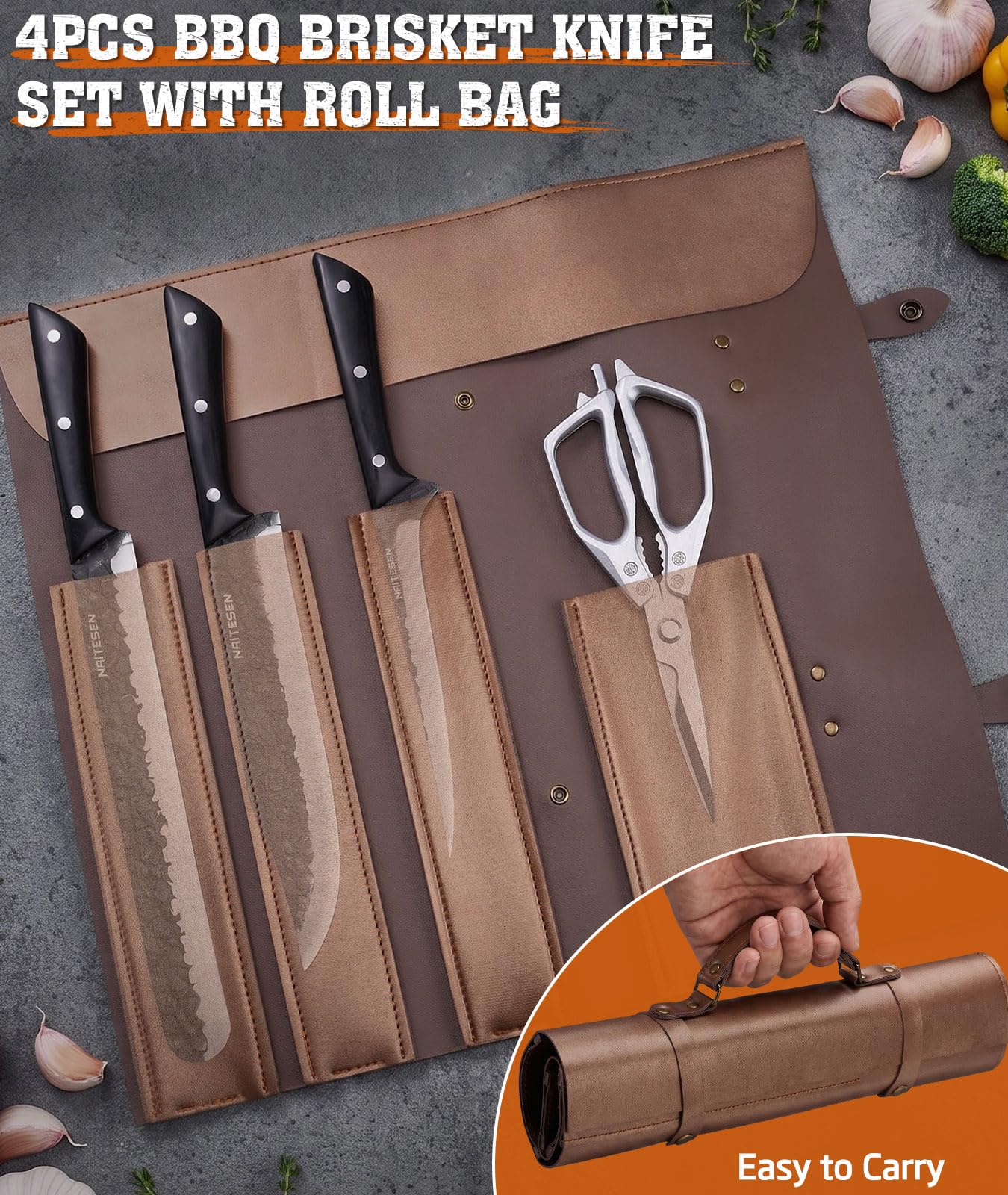 Naitesen 4PCS BBQ Brisket Knife Set With Roll Bag, Forged Butcher Knife Set — Amazon image 2