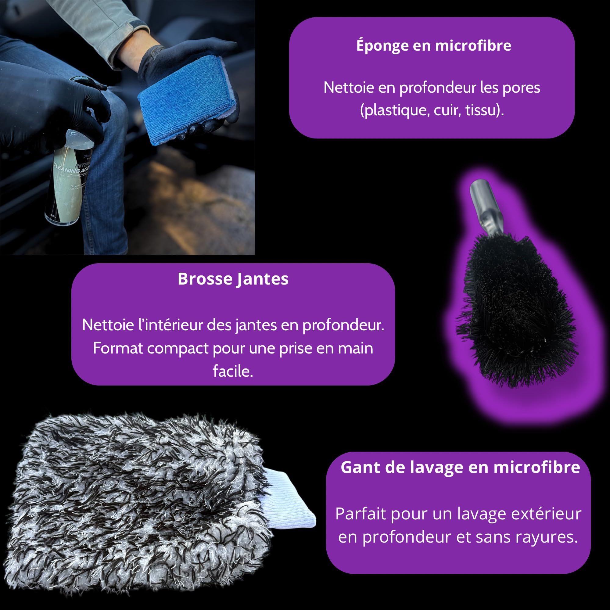 Kit Nettoyage Voiture complet - Sac Detailing auto intérieur extérieur - Microfibre, Microfibre Séchage, Shampoing, Nettoyant Jantes, APC, Pinceaux, Brosse Jantes, Gant Lavage, Scrub Pad