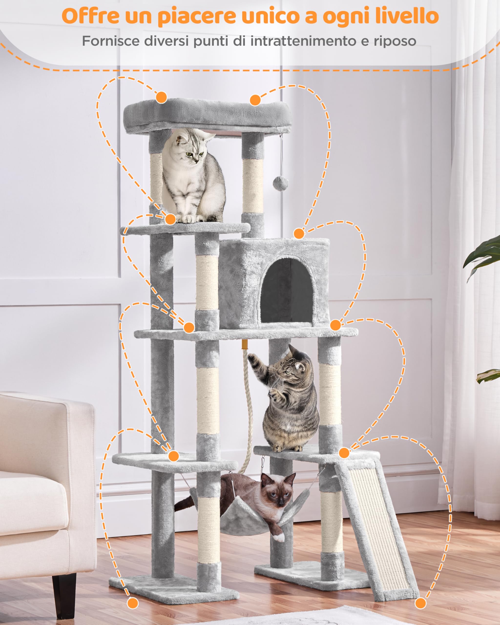 Yaheetech Albero Tiragraffi per Gatti 159,5 cm in Sisal e Truciolato per Gatti Gattini di Piccola e Media Taglia con Condominio Posatoio Amaca Grigio Chiaro