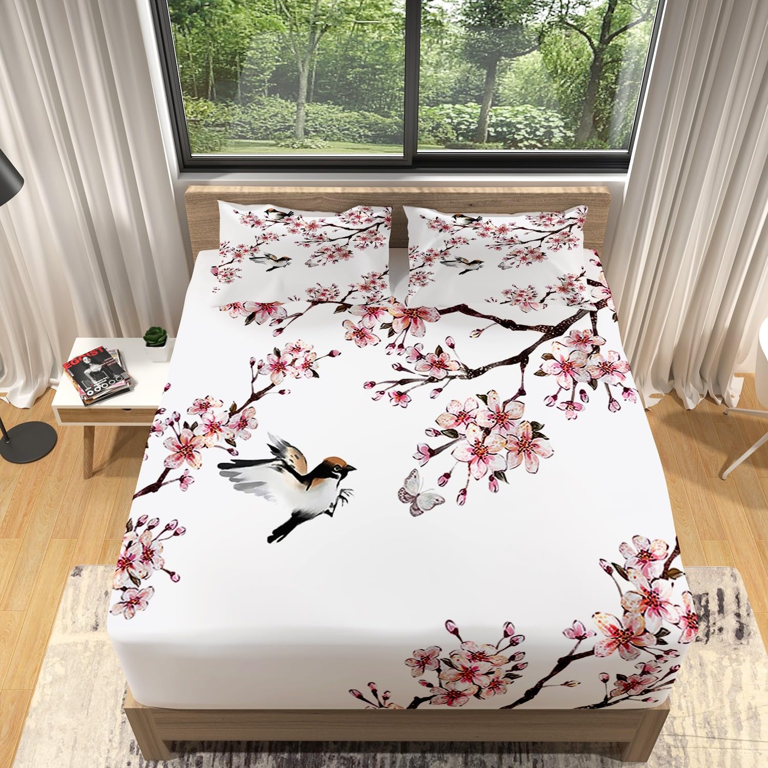 Drap housse 160x200 fleurs oiseaux protection matelas grand bonnet 30 cm