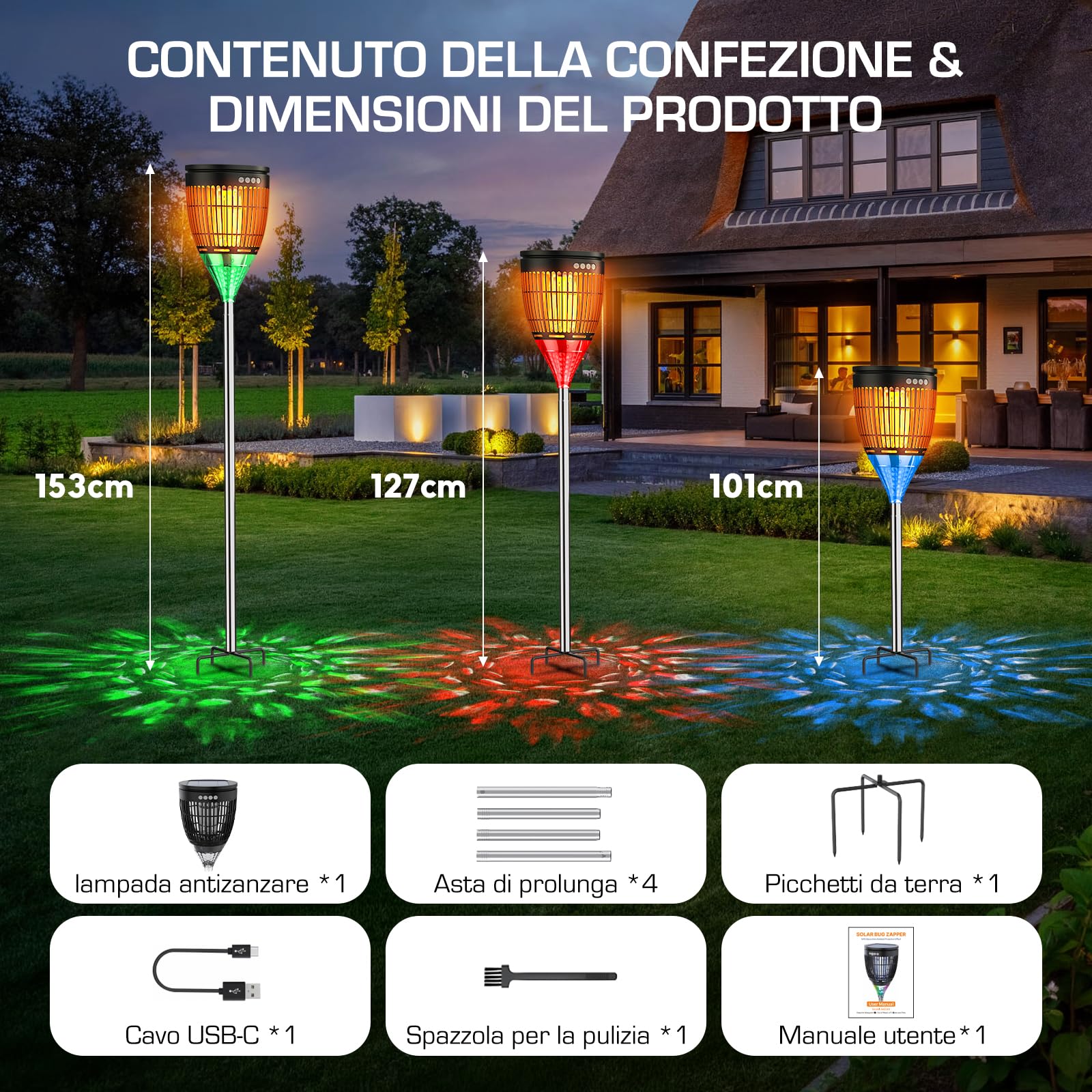 Lampada Antizanzare Solare da Esterno, Zanzariera Elettrica 4200V, Impermeabile IPX5, Ricaricabile USB-C, Lampada Zanzare Senza Fili con Picchetto per Giardino, Prato, Cortile