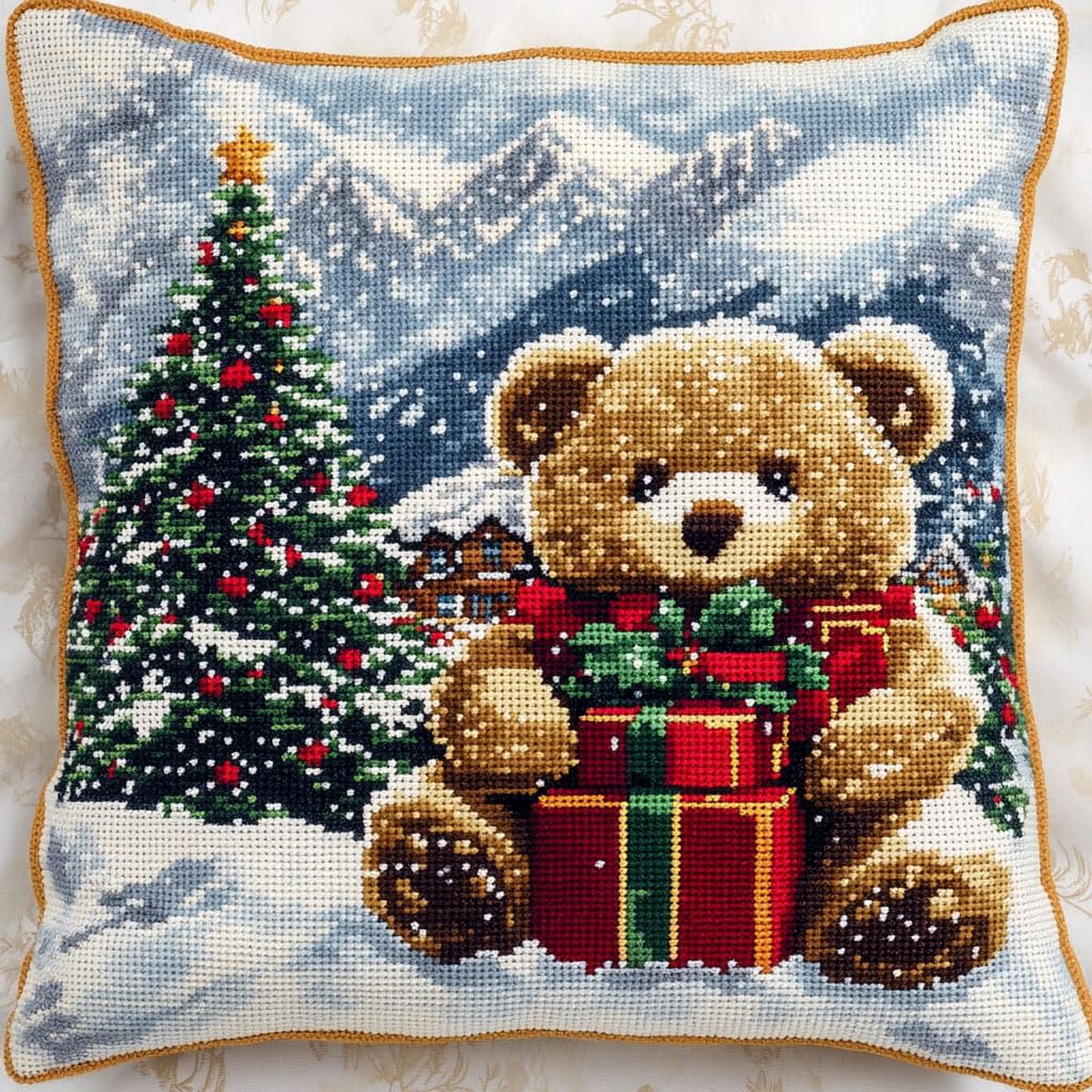 Cross Stitch Pillow Kit, Winter Christmas tree and bear Embroidery Kit Printed Cross Stitch Cushion Kits Embroidery Cushion Kit for Creative Home Décor — Needlework Kit for Beginners 45X45cm
