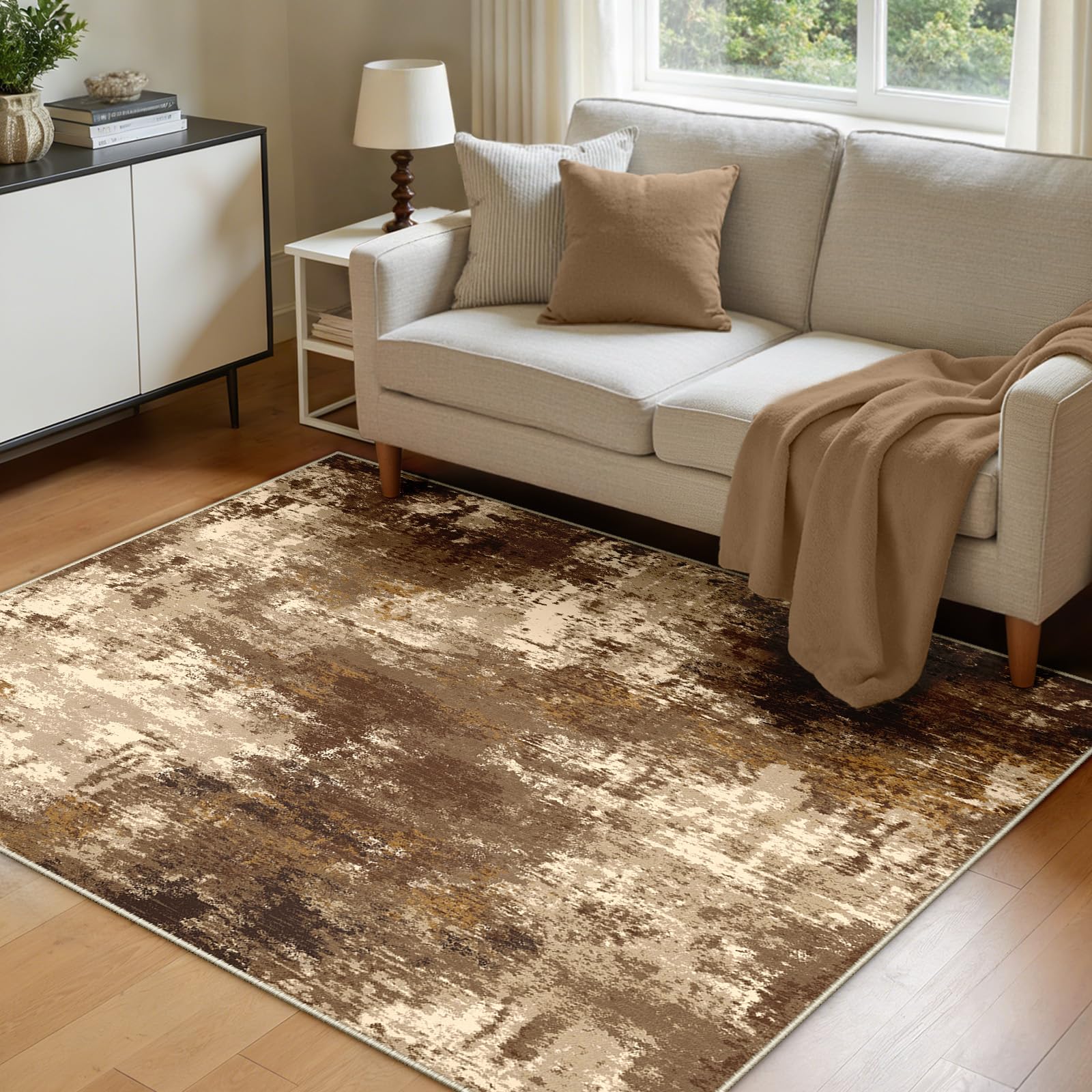 INOVADAY Washable Rugs Living Room 120x180 cm Modern Abstract Rug with Soft Low Pile Vacuum Friendly Non Slip Backing Minimalist Carpet for Lounge Bedroom Dining Room Home Office Brown/Tan