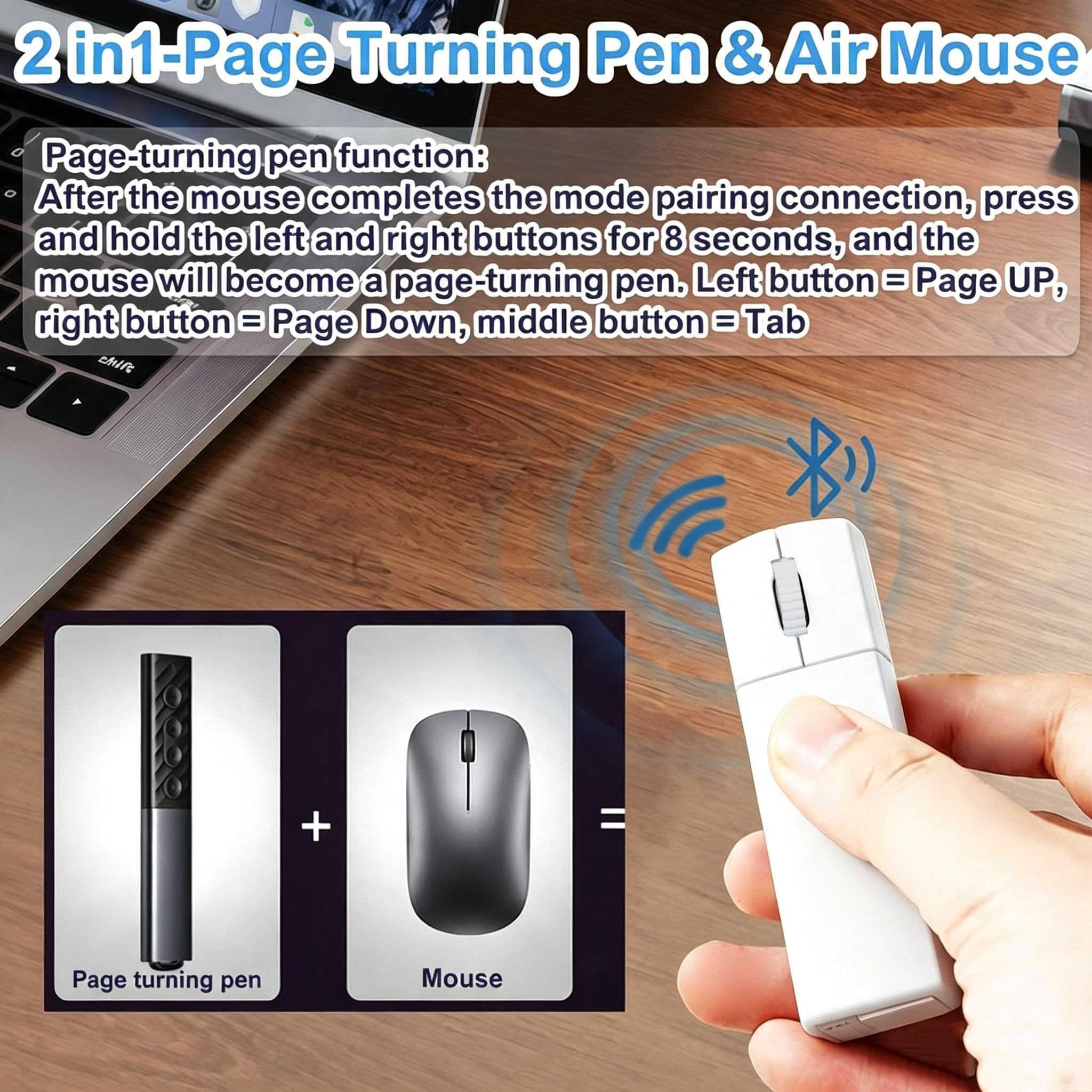 Mini-Bluetooth-Maus, kabellos, leise, Bluetooth 5.1/4.0 + 2.4 G USB, 2-in-1 tragbarer Seitenumkehrer, tragbare Air-Maus, wiederaufladbare Reisemaus mit Schutzbox, 1200 DPI Computer-Fingermäuse, Weiß
