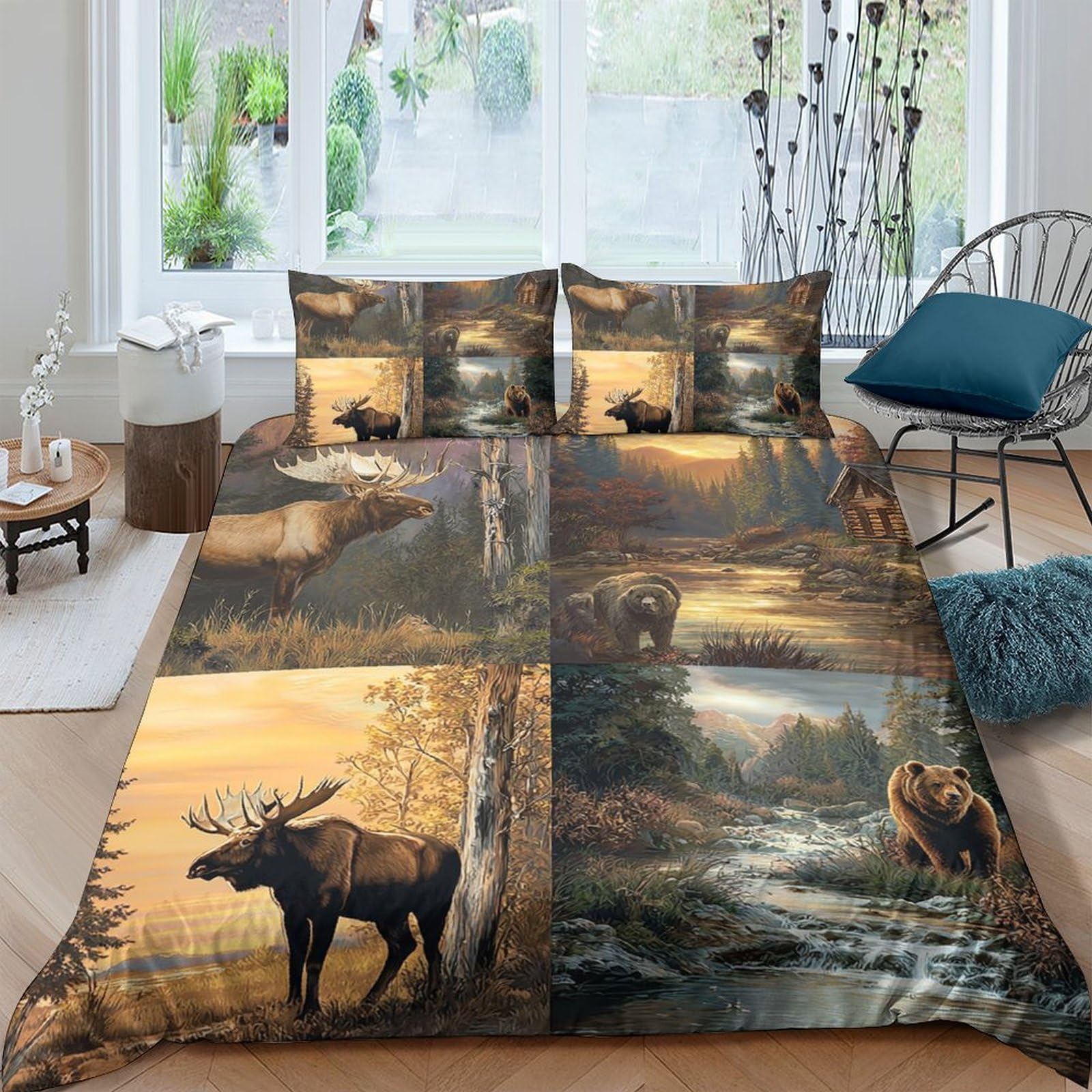 Ctjqhvkz Style-3 3D Printed Wildlife Forest Fitted Sheet Microfiber Soft Bear Moose Bed Cover For Bedroom Decor Dorm Guest Room Mattress Protection Single（135X200cm）