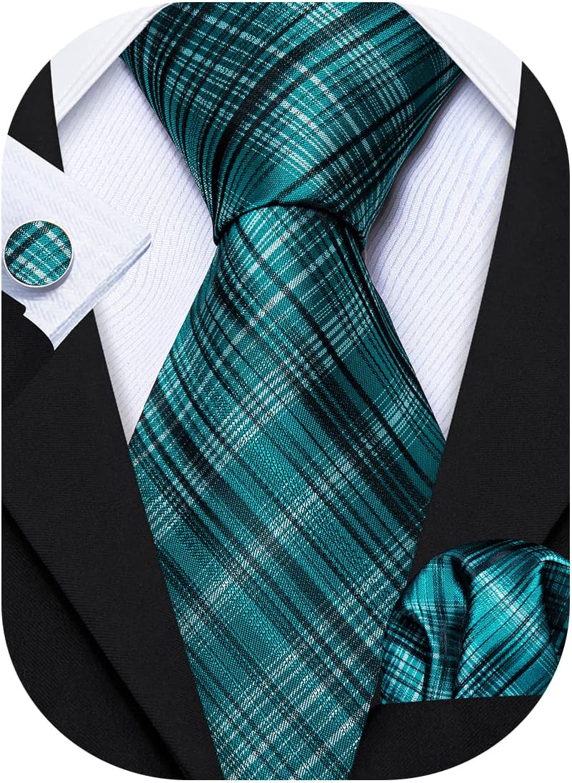 Barry.Wang Designer Classic Ties for Men Set Formal Pocket Square Cufflink Check Plaid - Image 8