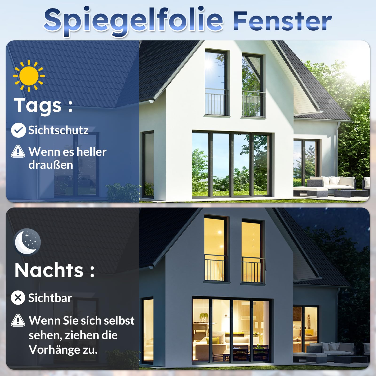 rabbitgoo Pellicola Specchio per Vetri Finestre 75x400cm, Pellicola Oscurante Vetri Finestre Anti 90% UV, Pellicole Privacy Unidirezionali con Controllo del Calore Adatto per Ufficio, Blu Argento