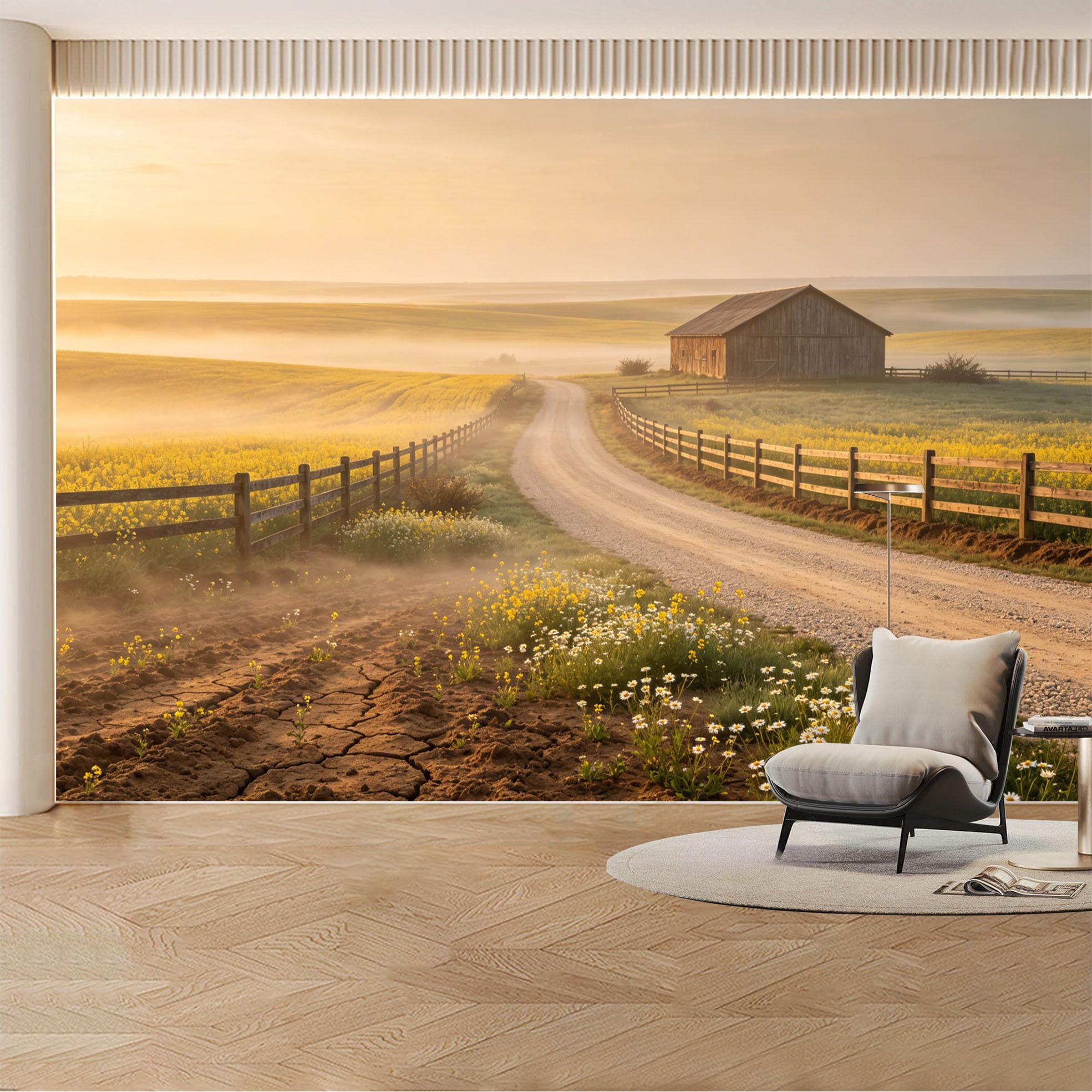 Custom Wall Mural Wallpaper Farmhouse Countryside Landscape Nature Large Wall Art Wall Decor Rustic Sunset Misty Removable SelfAdhesive Large Photo for Living Room， Bedroom， Office