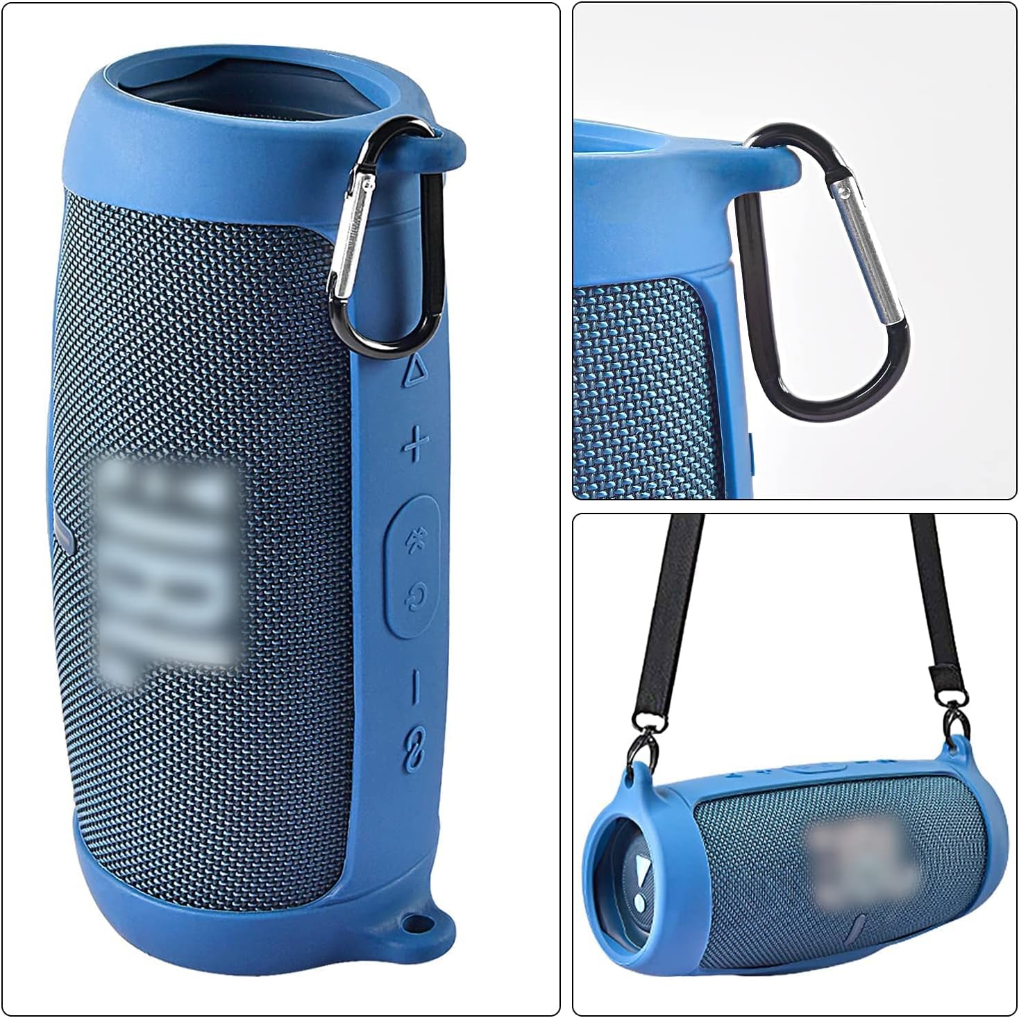 Silicone Case Cover for JBL Charge 5 Waterproof Portable Bluetooth Speaker, Travel Carrying Protective Gel Soft Skin, Waterproof Rubber Pouch with Shoulder Strap and Carabiner - Blue - Image 3