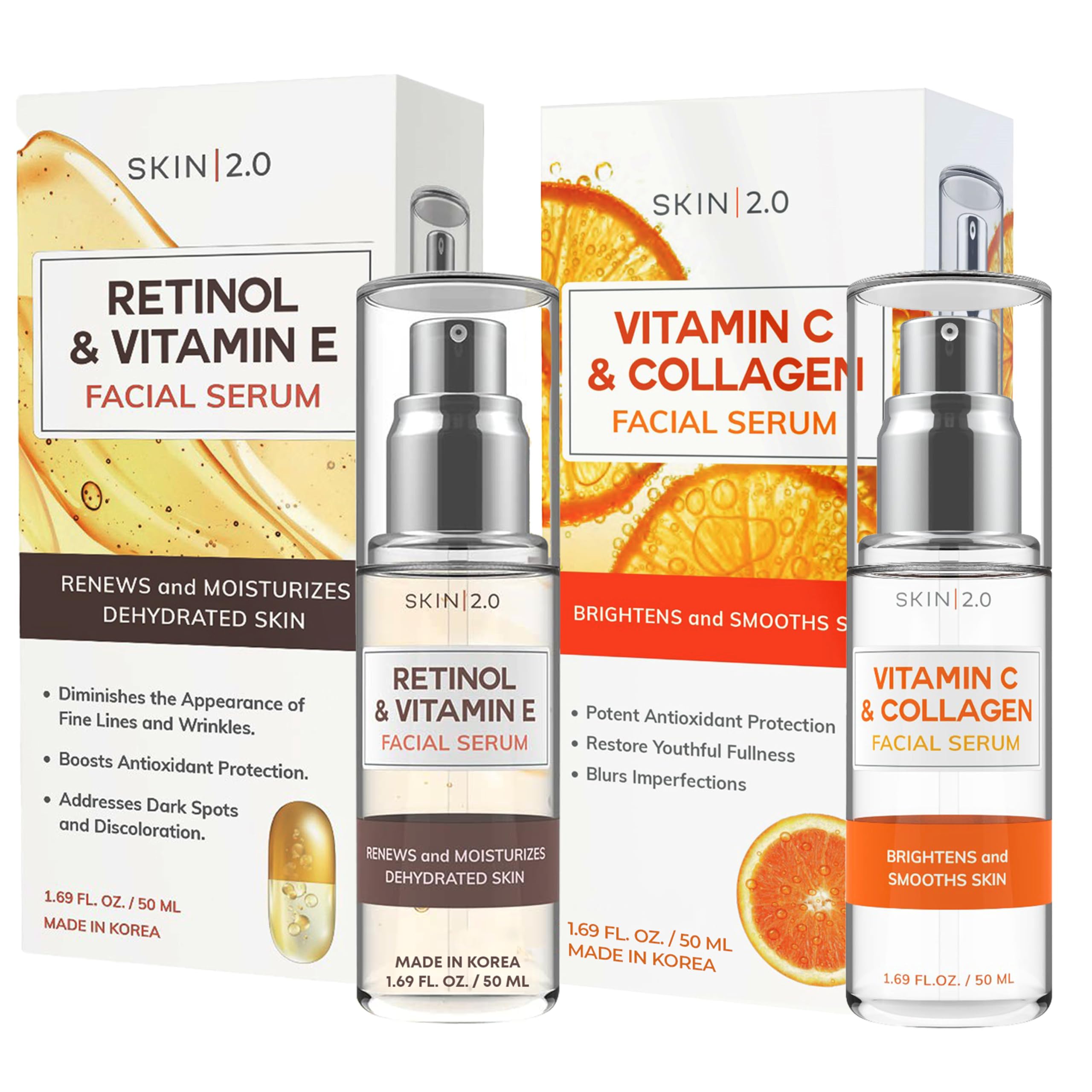 Vitamin C & Collagen + Retinol & Vitamin E Facial Serum - Day & Night Duo Set - for Dark Spots & Brightening - Anti Aging & Acne Facial Serum - Cruelty Free - For All Types -