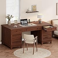 Garvee 60" Farmhouse Wood Desk with Drawers, Adjustable File Cabinet & Power Outlets - Rustic Home Office Executive Writing Desk, Brown
