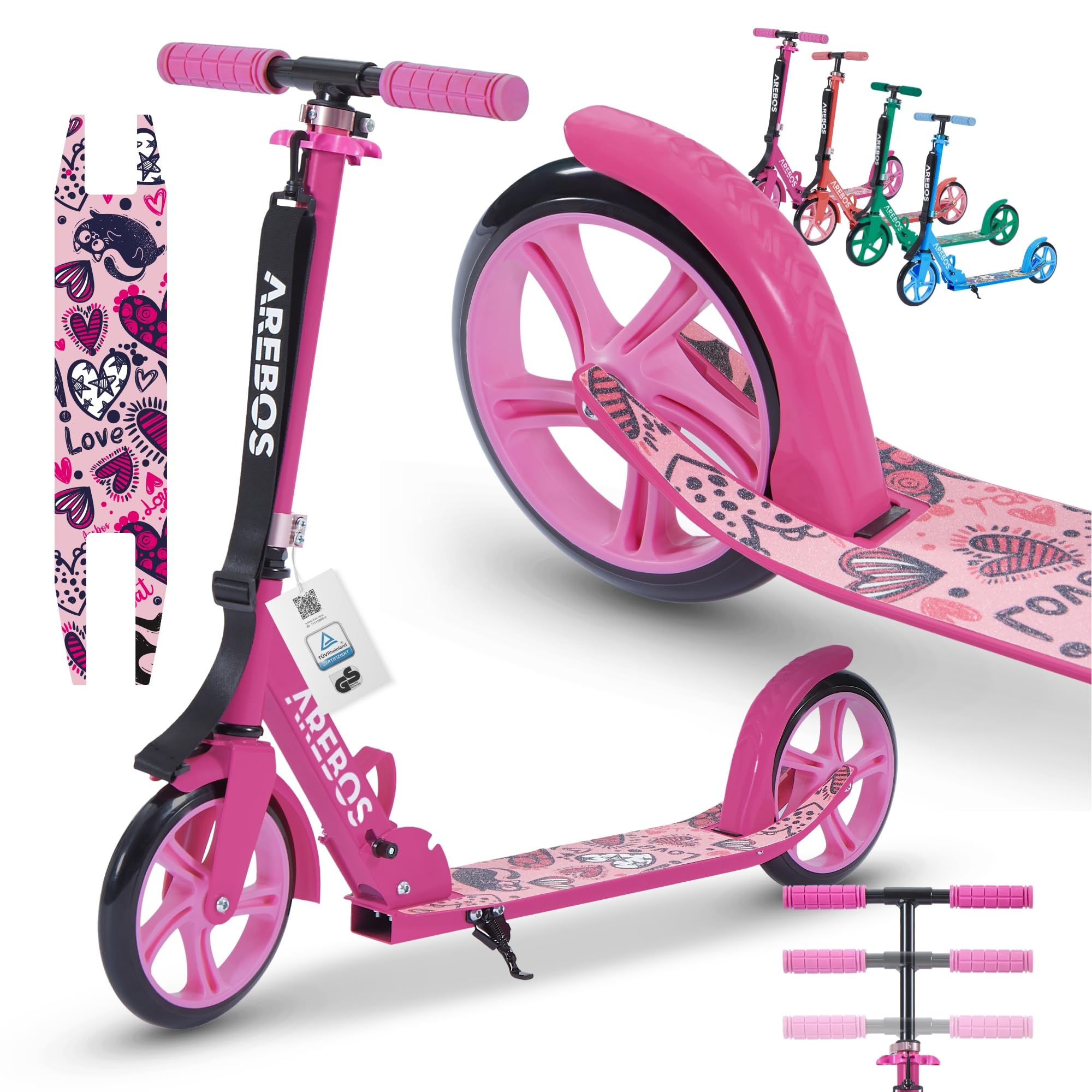 Arebos Cityroller Tretroller Pink Scooter höhenverstellbar | klappbar | inkl. Traggurt | XXL Räder | Tritt-Bremse | für Kinder und Erwachsene | bis 100kg belastbar | Kickroller | Kickscooter