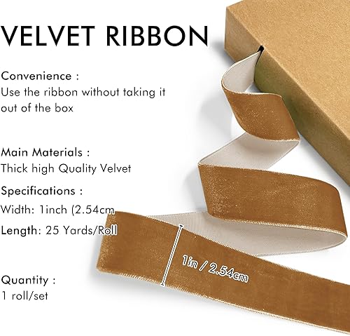 Miniatura 172 de Cinta de terciopelo caqui de 3/8 pulgadas, 25 yardas para árbol de Navidad, envoltura de regalos, ramo de flores, decoraciones de corona