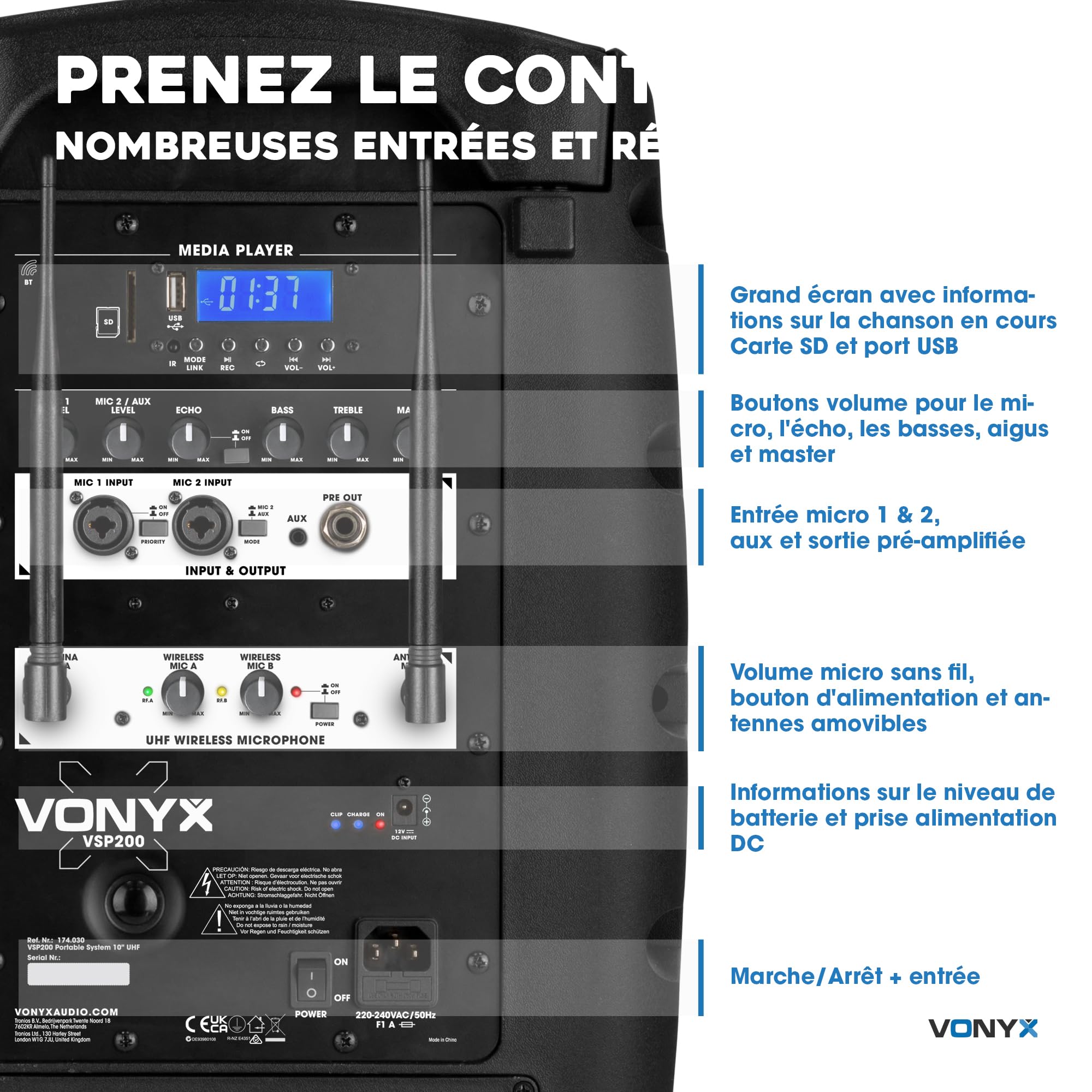 Vonyx VSP200 Enceinte Sono Portable 200 Watts, Enceinte Active Bi-Amplifiée, 2 Micros sans Fil, Poignées et roulettes de Transport, Idéale pour Vos Événements Pro, Karaoké, Fêtes en Extérieur
