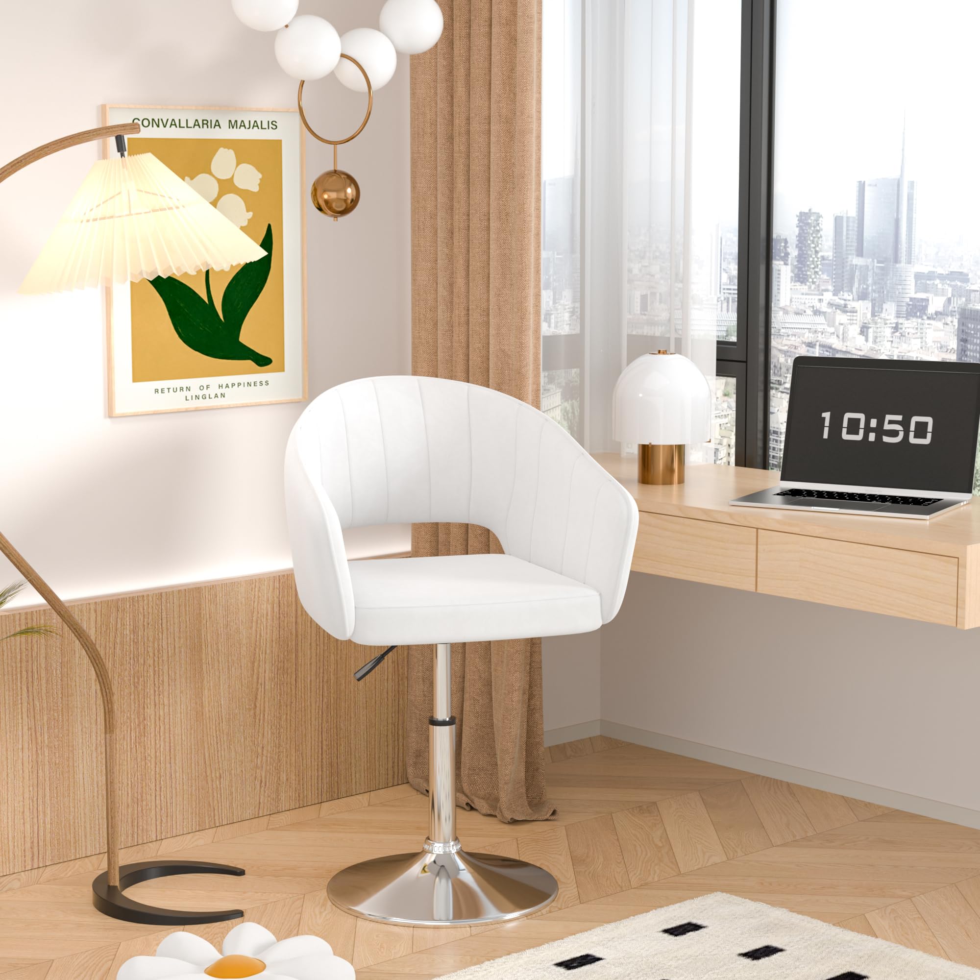 VECELO Velvet Accent Chair, Adjustable Luxury Vanity & Dining Chair with Gold Barstool Base, 360°Swivel Upholstered Armchair for Living Room, Bedroom,