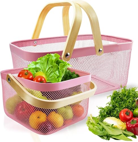 Cheardia 2 Pack Picnic Baskets, Metal Mesh Harvest Basket with Foldable Wooden Handle, Rectangle Garden Storage Basket Bin for Vegetable Fruit Garden Kitchen Cabinet Picking Gathering, Pink