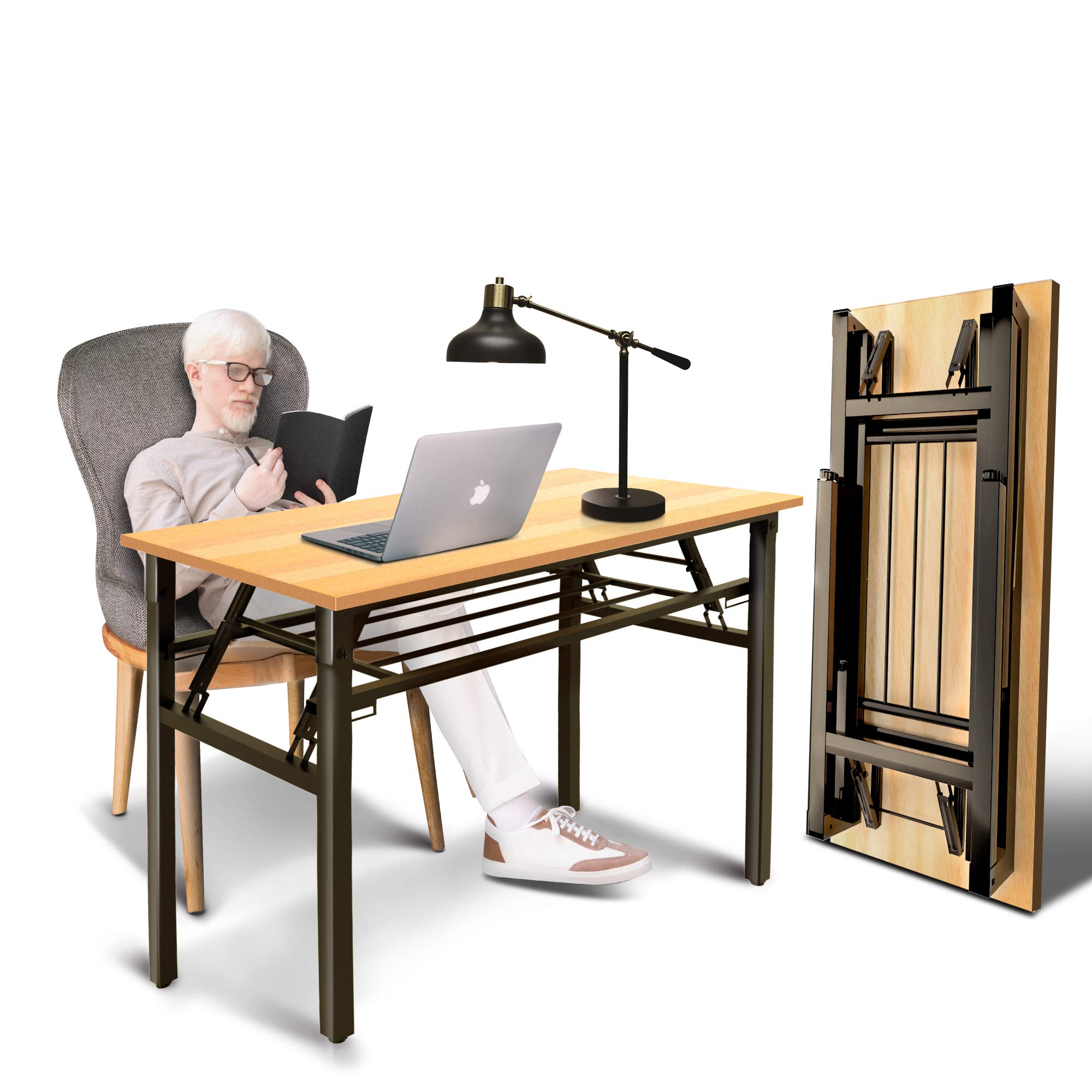 South Ocean Teak Color Desktop Double Folding Desk 39-38'' Length -Computer Desk No Install Needed Black Frame Folding Table for Home, Office Or School