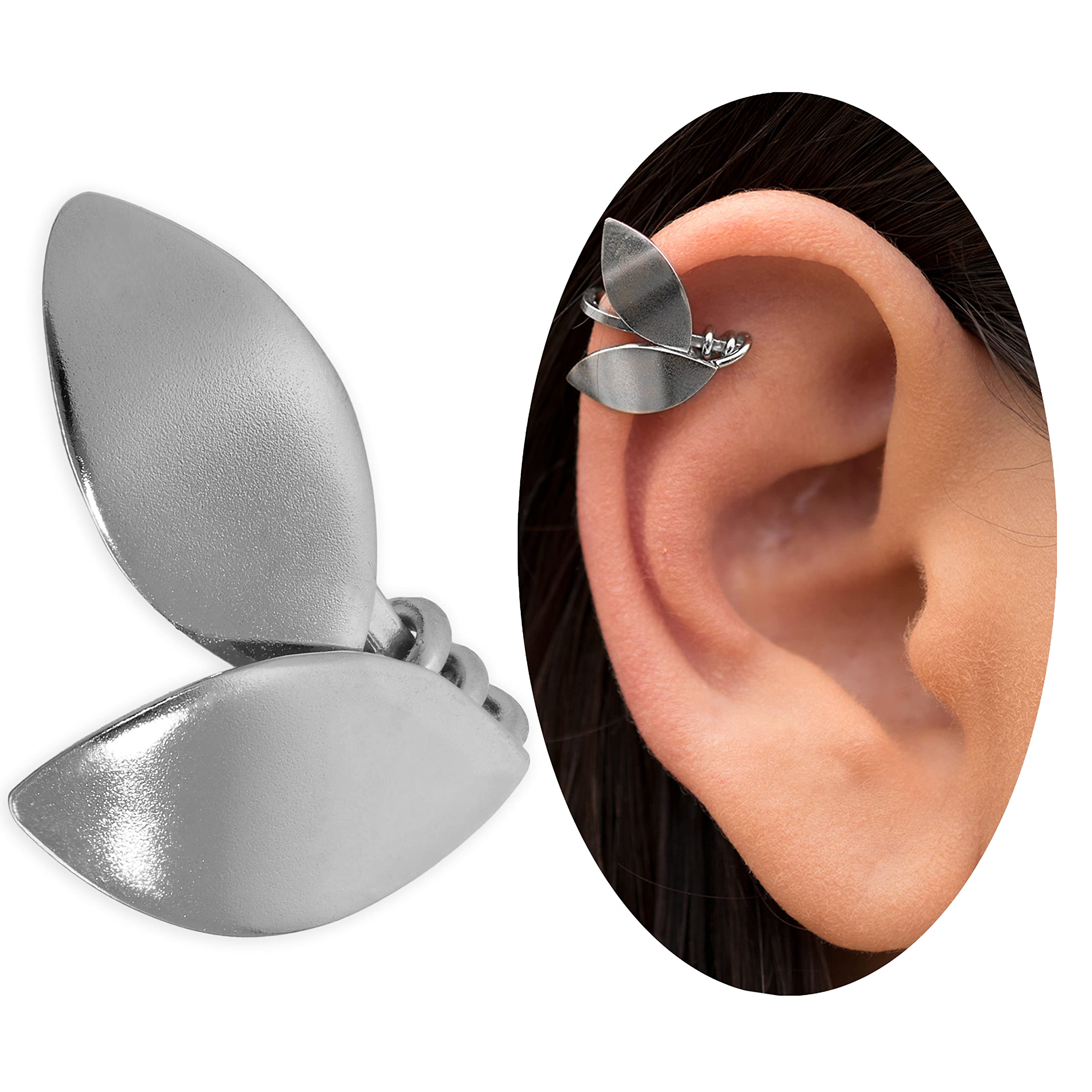 Helix Ear Cuff Ohrring ohne Ohrloch - 925 Sterlingsilber - 2 Olivenblätter Kantiges Design - Modern Greek - Leicht - Nickelfrei Hypoallergen - Kein Piercing - Einzelner - Handmade by Emmanuela