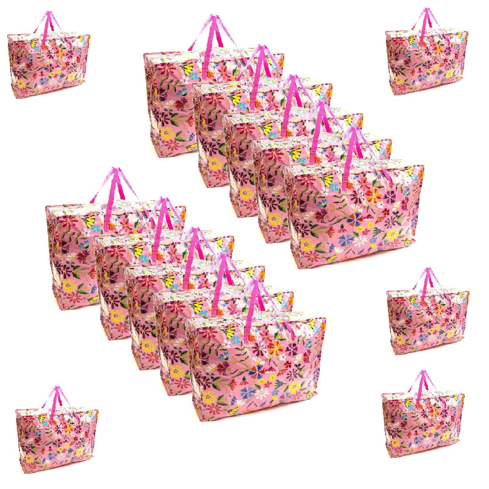 15 PACK Pink Flower 75x60x25cm Heavy Duty Durable Reusable Foldable Waterproof Laundry Clothing Wardrobe Storage Moving House Shopping Storage Bags Extra Large Jumbo Zipped Floral Bag