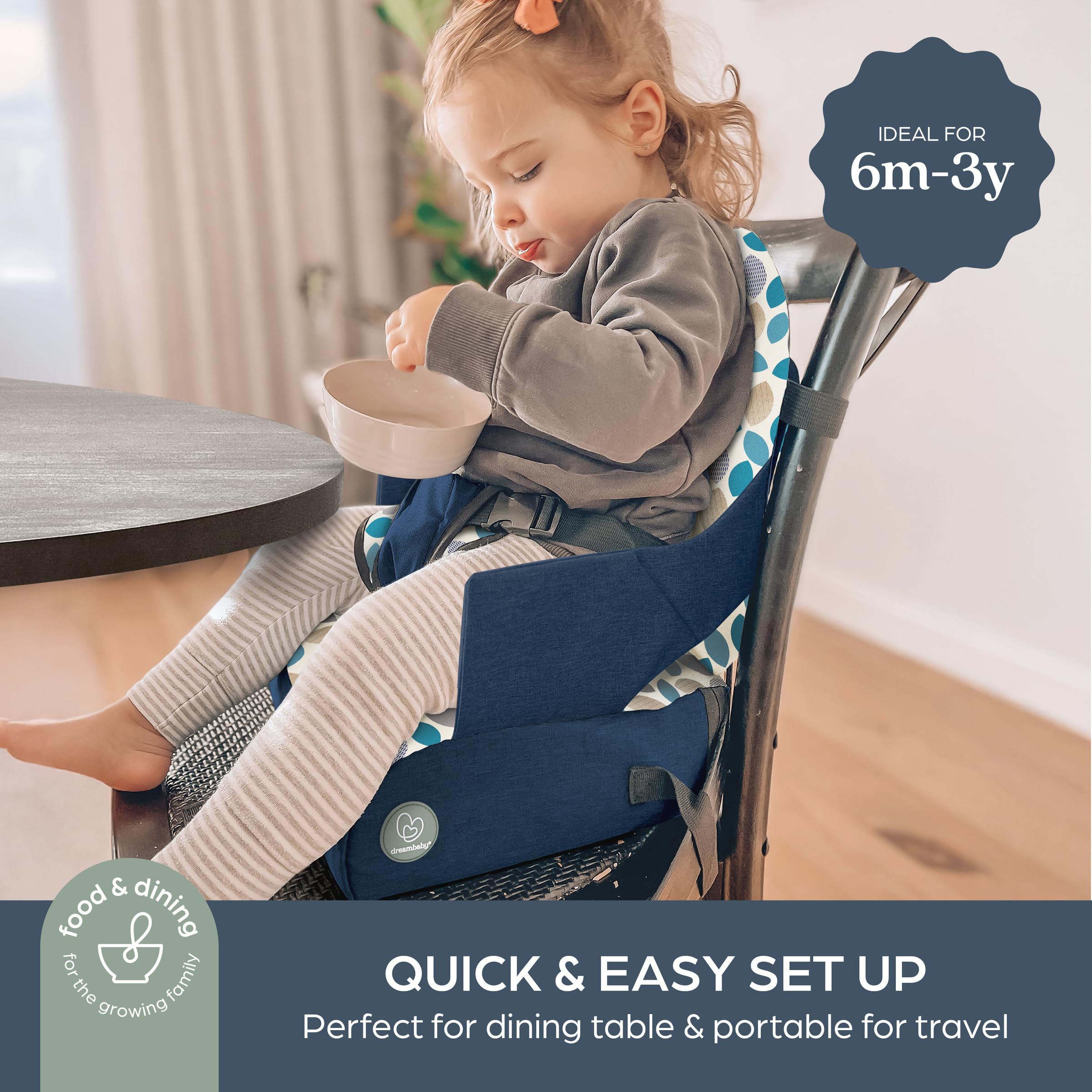 Dreambaby Fotelik podwyższający dla dzieci On-The-Go – przenośne wysokie krzesło z poręcznymi przegródkami do przechowywania – pasuje do większości krzeseł do jadalni, lekkie, kompaktowe i przyjazne w