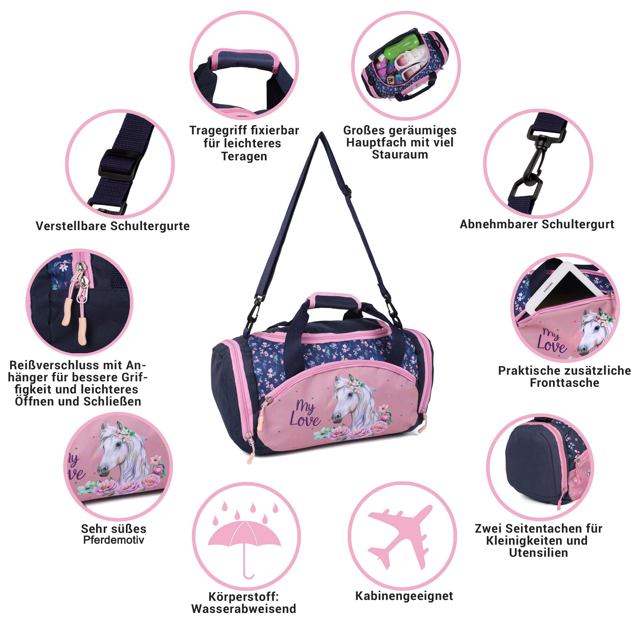 Pferde Pony Umhängetasche Sporttasche für Mädchen Kinder Reisetasche - 35 x 22 x 18,5 cm, blau/rosa, Volumen ca.14,2 Liter