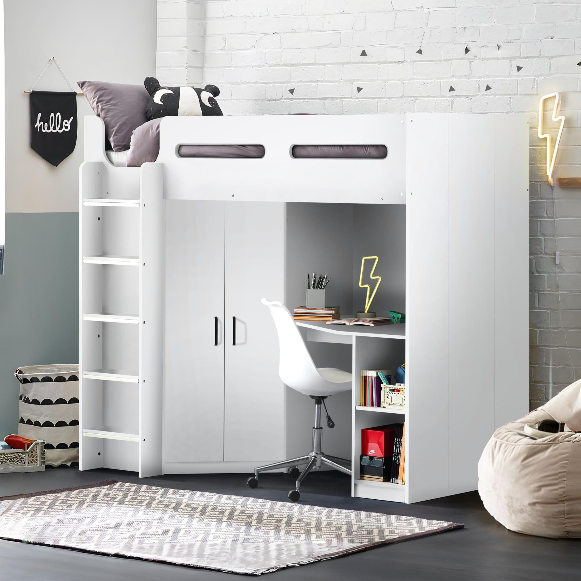 Julian Bowen Hercules White High Sleeper Bed with Wardrobe & Desk - Kids Bedroom Furniture