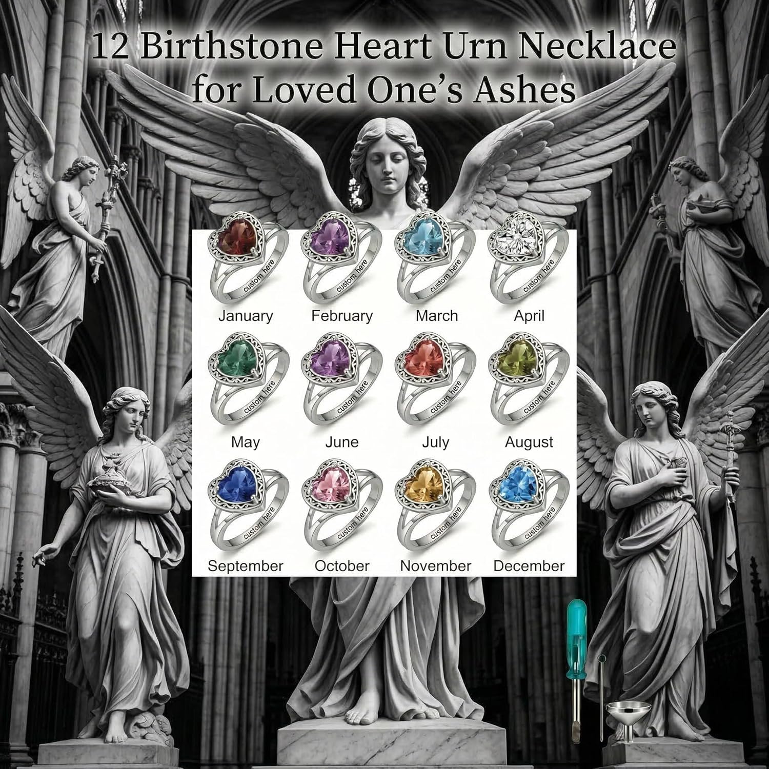 Personalized Heart Birthstone Urn Ring for Ashes 925 Sterling Silver Cremation Heart Urn Keepsake Rings Memorial Jewelry for Women-From January to December, Size 4-16