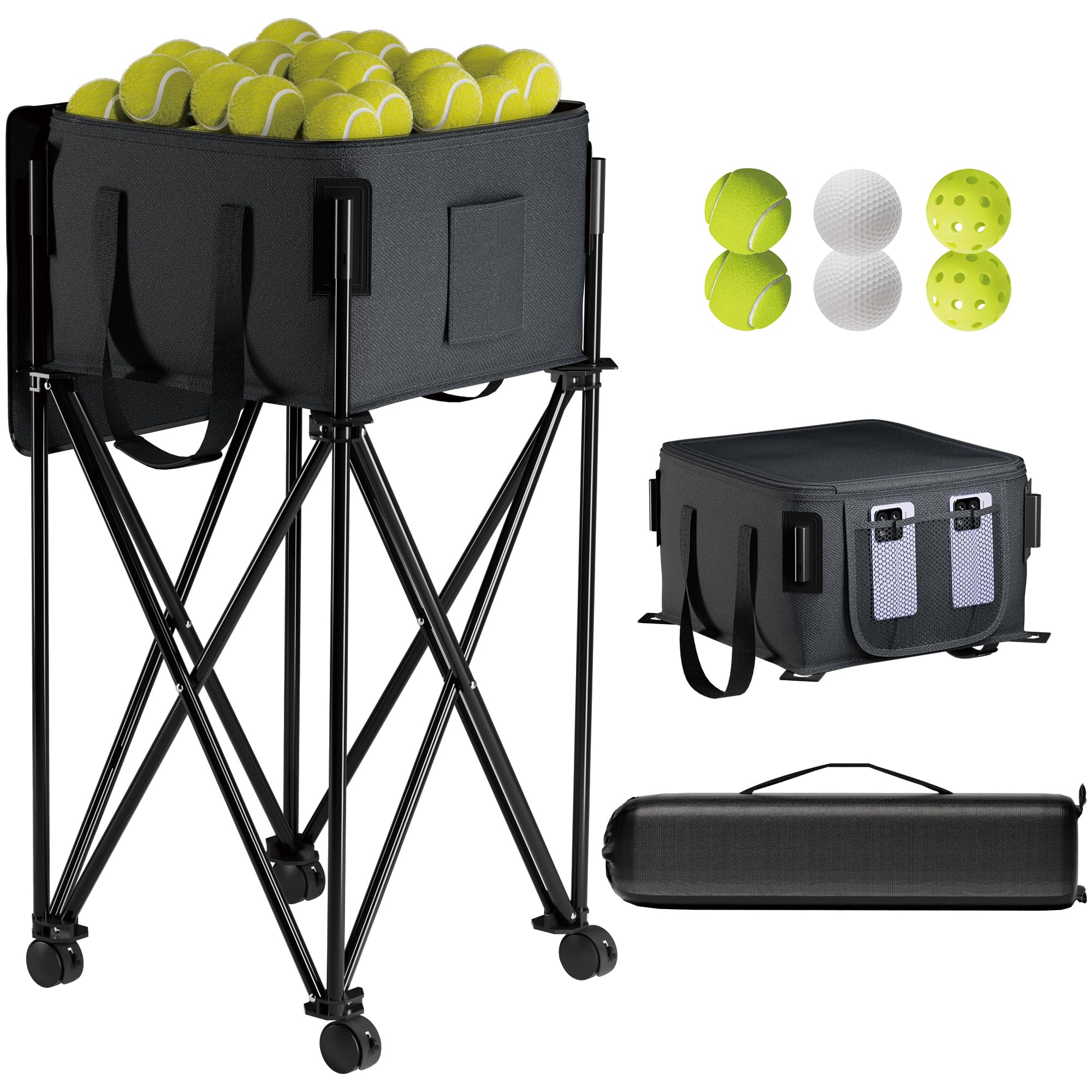 Tennis Ball Hopper for 120 Balls, Tennis Ball Basket with Removable Storage Bag, Wheeled…