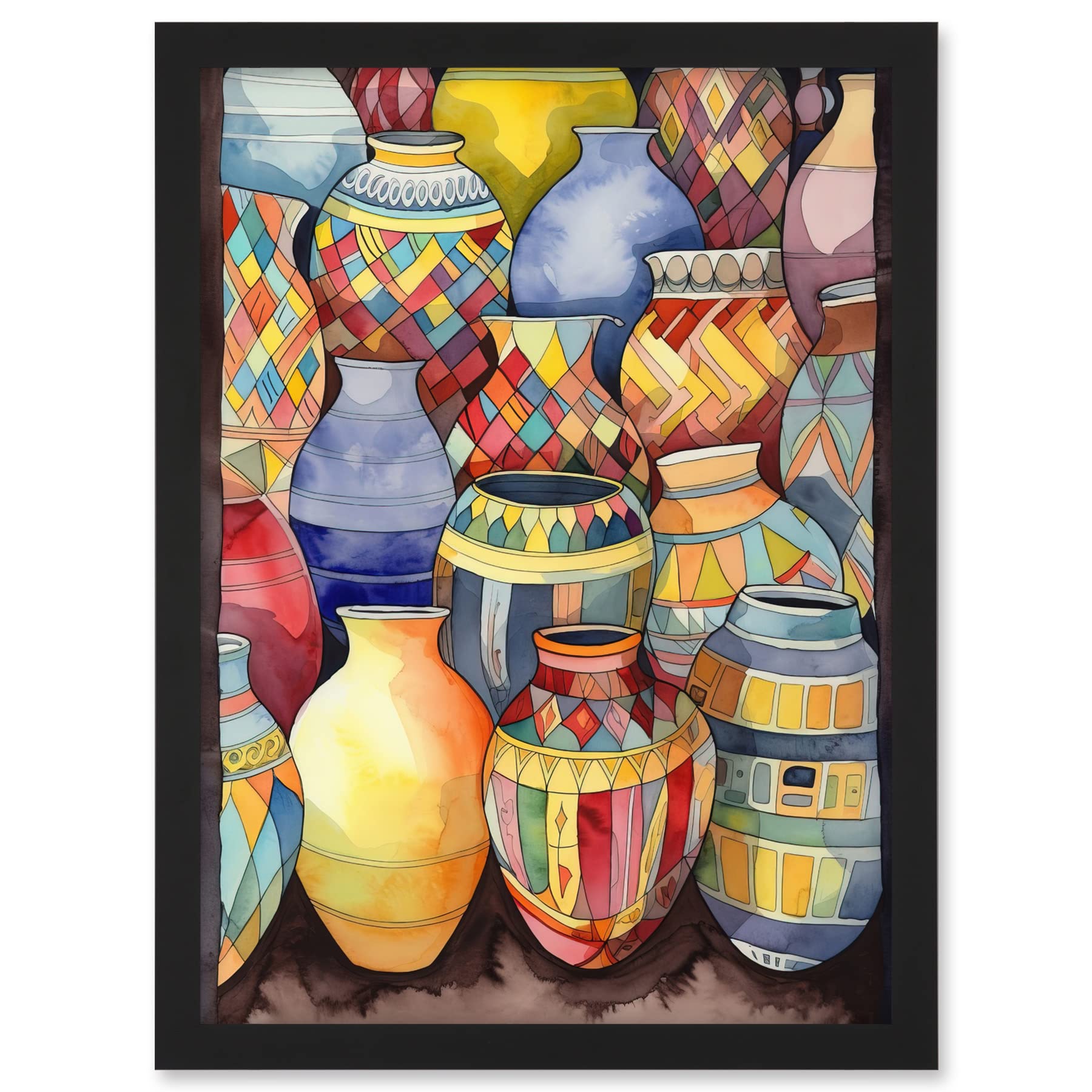 Artery8 Glazed Ceramic Pot Vases Folk Art Artwork Framed A3 Wall Art Print