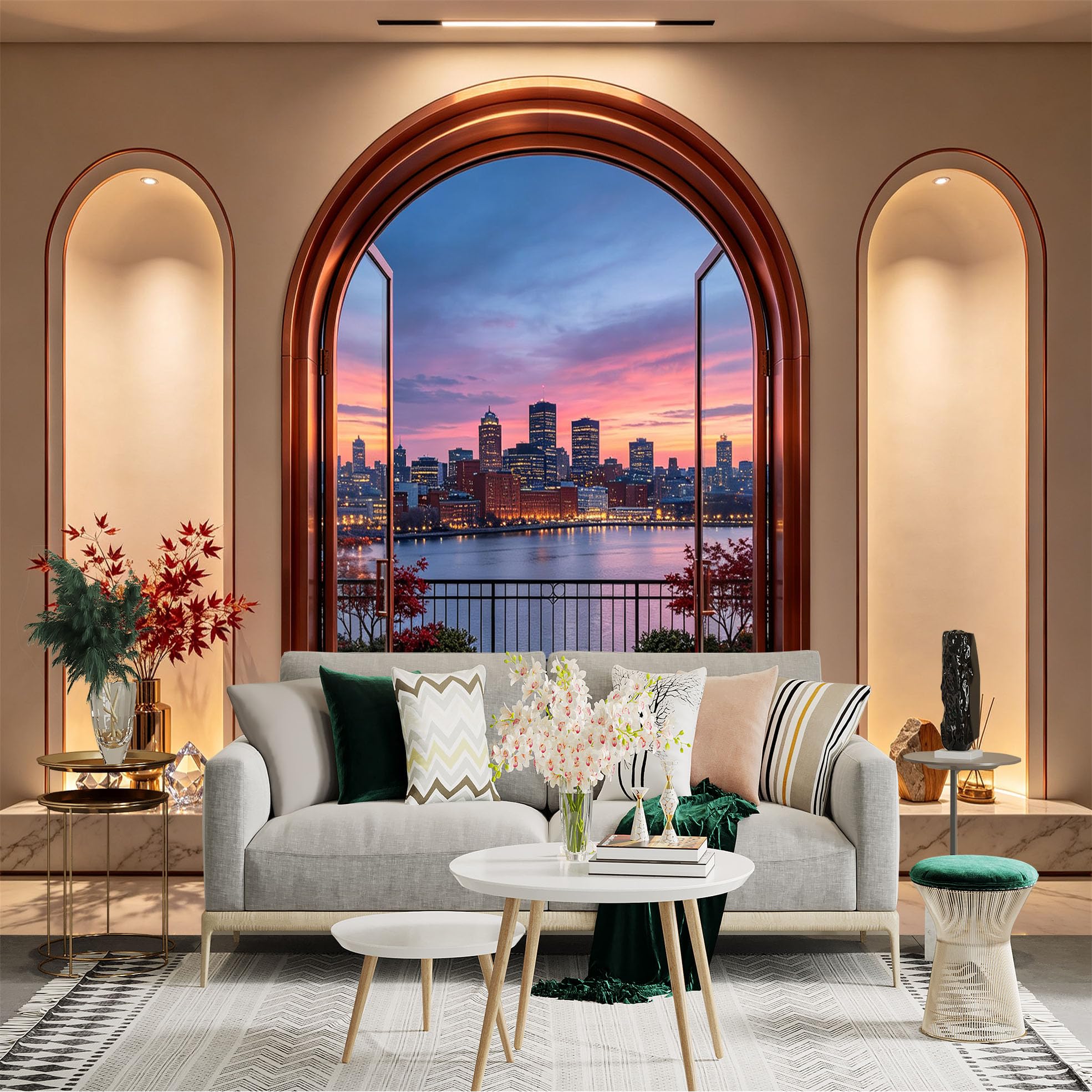 Custom Size Wall Sticker Mural， Sunset City Skyline， Waterfront Terrace View， Arch Window Landscape， for wall Decoration， peelandstick wall Decals.