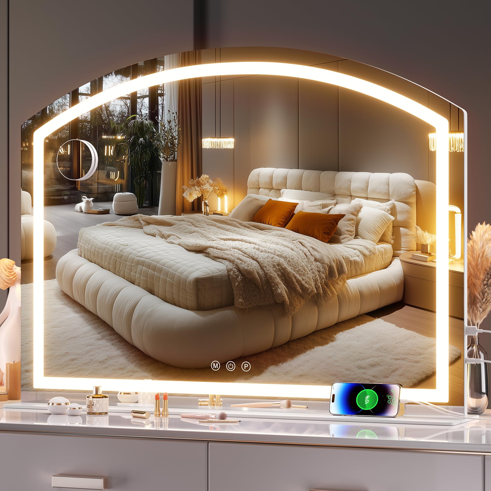 Hasipu Arch Vanity Mirror with Light, 40" x 30" Arched Led Makeup Mirror with 10X Magnification, Lighted Makeup Mirror Desktop with USB Charging Port, Dimmable 3 Colors Mode