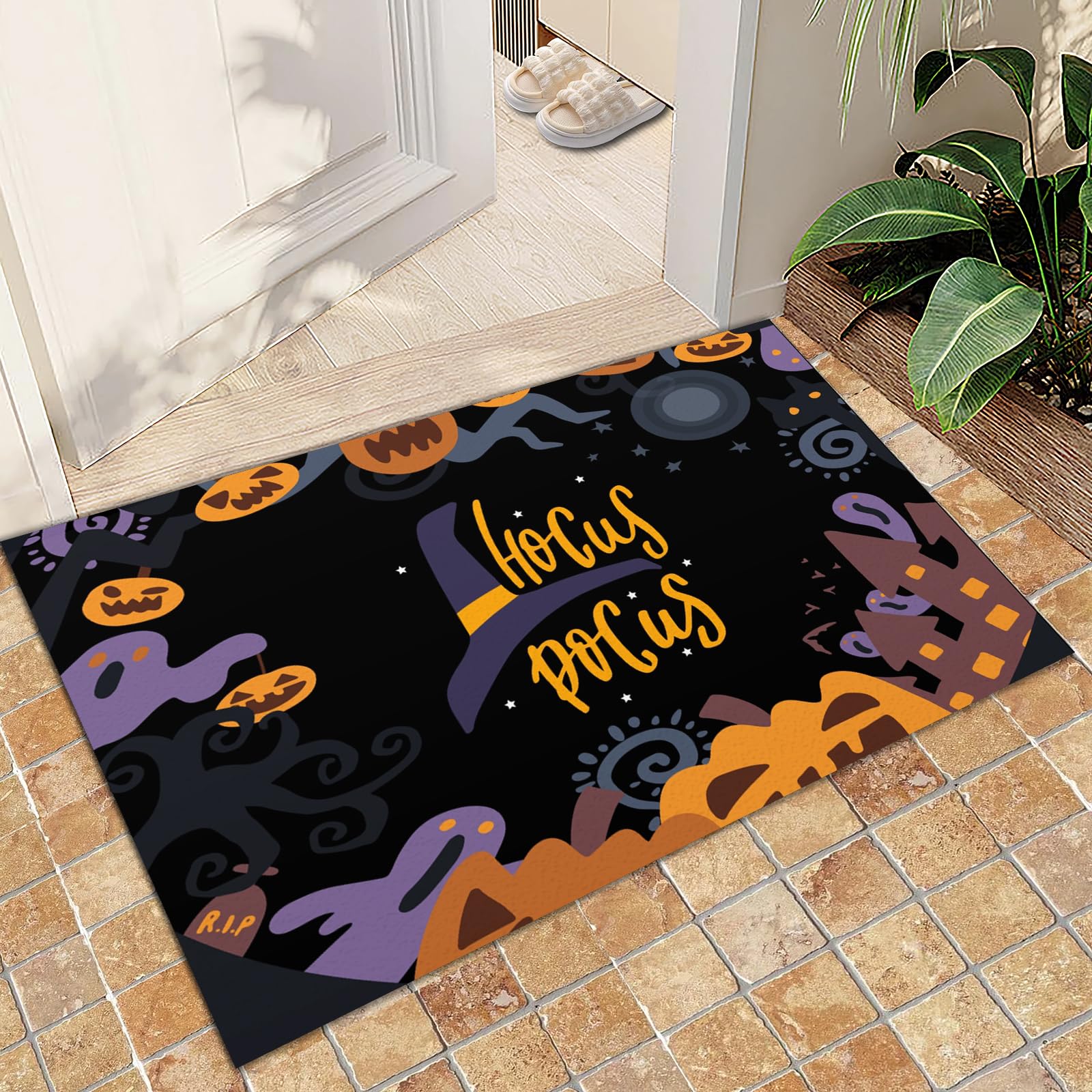 Area Rug 70x140cm Happy Halloween Rug, Cartoon Gothic Halloween Decor Door Mat, Kitchen Halloween Decor Rug Non-slip Soft Machine Washable Foldable Low Pile for Front Door Living Bedroom Bathroom