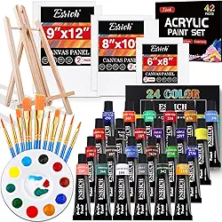 ESRICH Conjunto de Tela de Tinta Acrílica, Kit de Pintura Profissional Premium de 42 Peças com 1 Cavalete de Madeira, 24 Cores, 10 Pincéis, 6 Telas, Kit de Materiais de Pintura para Crianças, Estudant