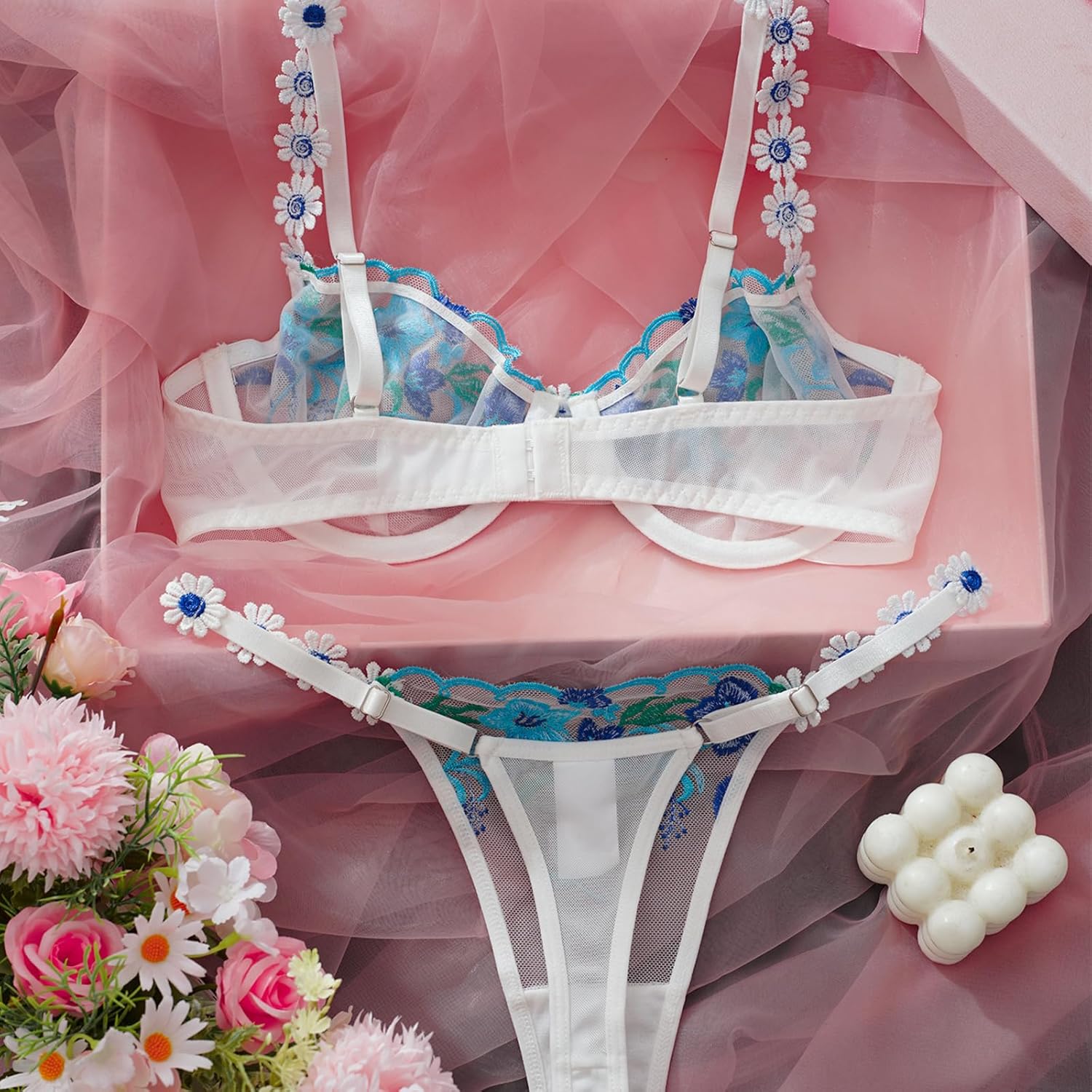 Womens Lingerie Set Underwire Cute Underwear Lace Mesh Blue Flora Embroidered Panty Bra - Image 5