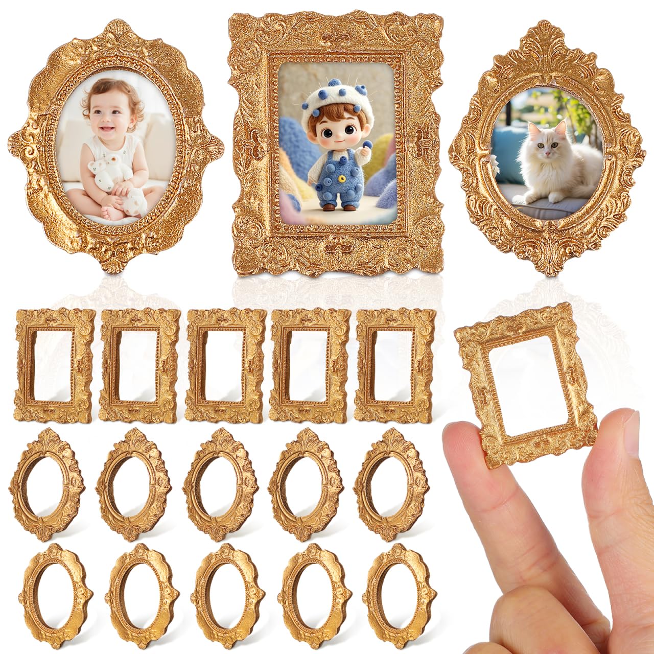 TOYANDONA 18 Pcs Mini Picture Frames: 1. 57 Inch Vintage Resin Gold Photo Frames, Oval & Rectangle Small Wall Hanging Photography Holder for Dollhouse Decor, Diy Jewelry Display, Photo Props