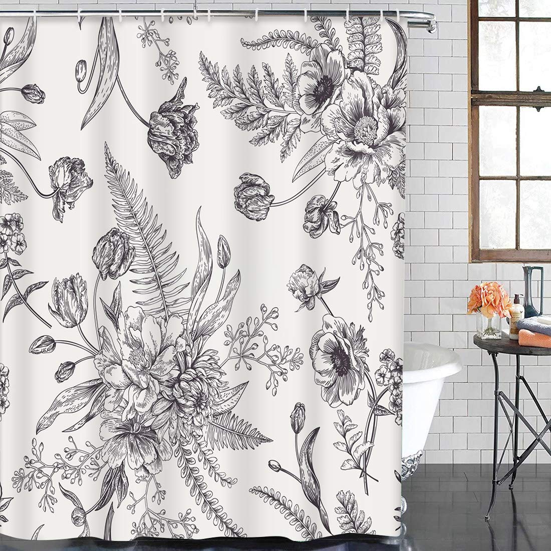 TOMPOP Shower Curtain Floral Pattern Bouquets of Spring Flowers Black and White Waterproof Polyester Fabric 72 x 72 Inches Set with Hooks