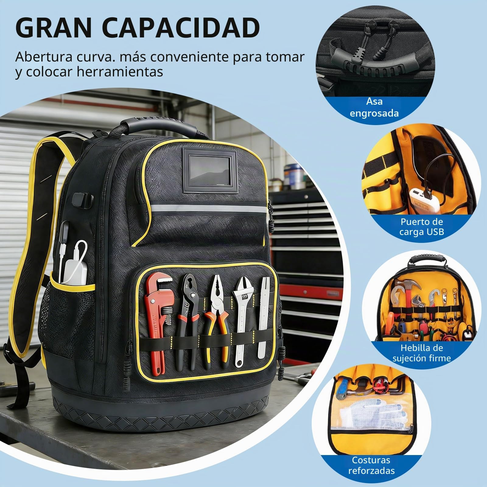 Bolsa de herramientas para electricistas, robusta mochila de herramientas para electricistas, carpinteros, constructores, gran capacidad de almacenamiento, apertura curvada, fácil de fijar y quitar