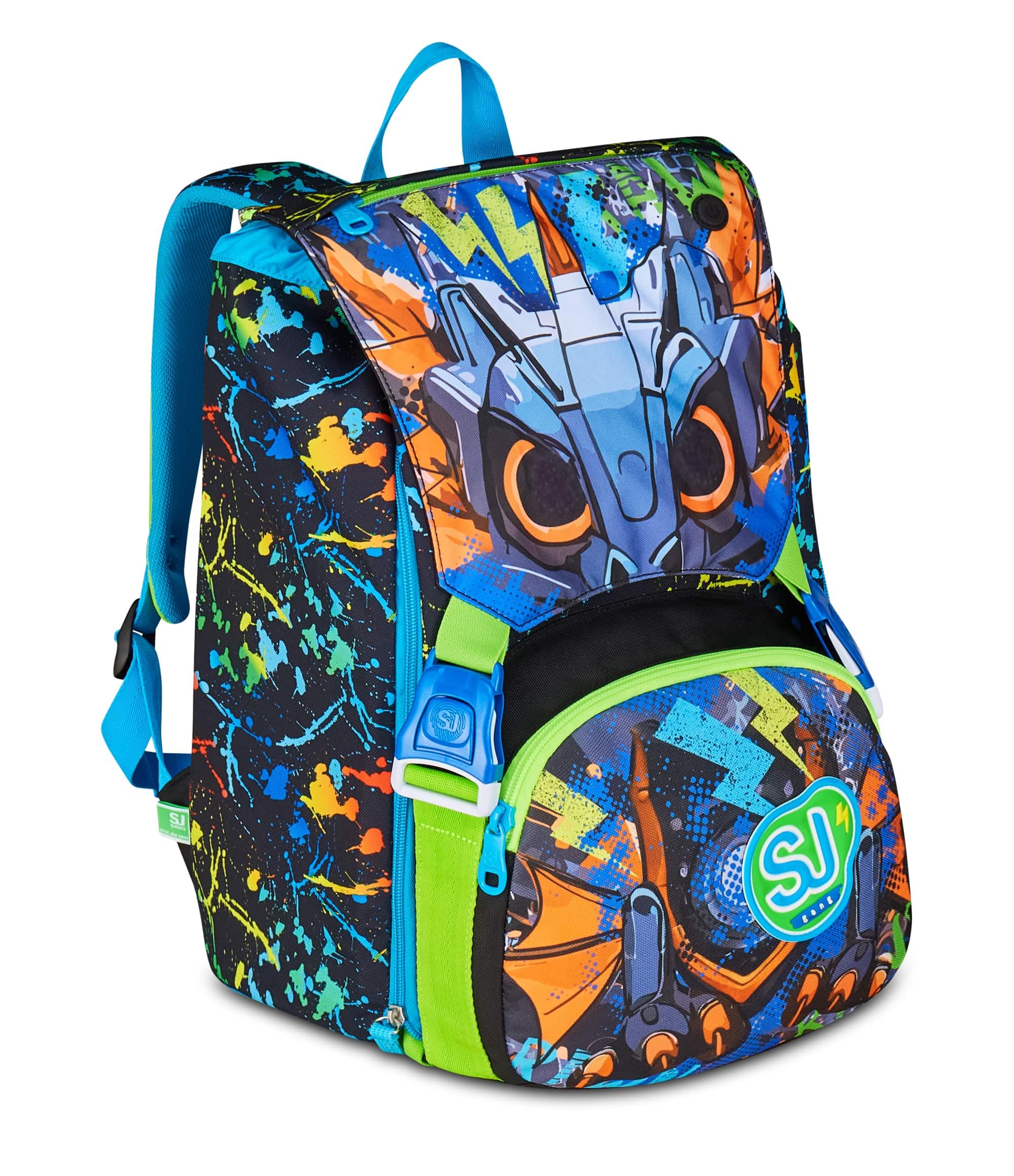 SJ GANG STYLE JAM GANG Zaino Scuola Estensibile Big LED LOOK, Nero, Zaino con Divisorio Interno, Tasca Superiore con Occhi LED, Tasca per Borraccia, 24 L, Zaino Scuola Elementare, Bambino