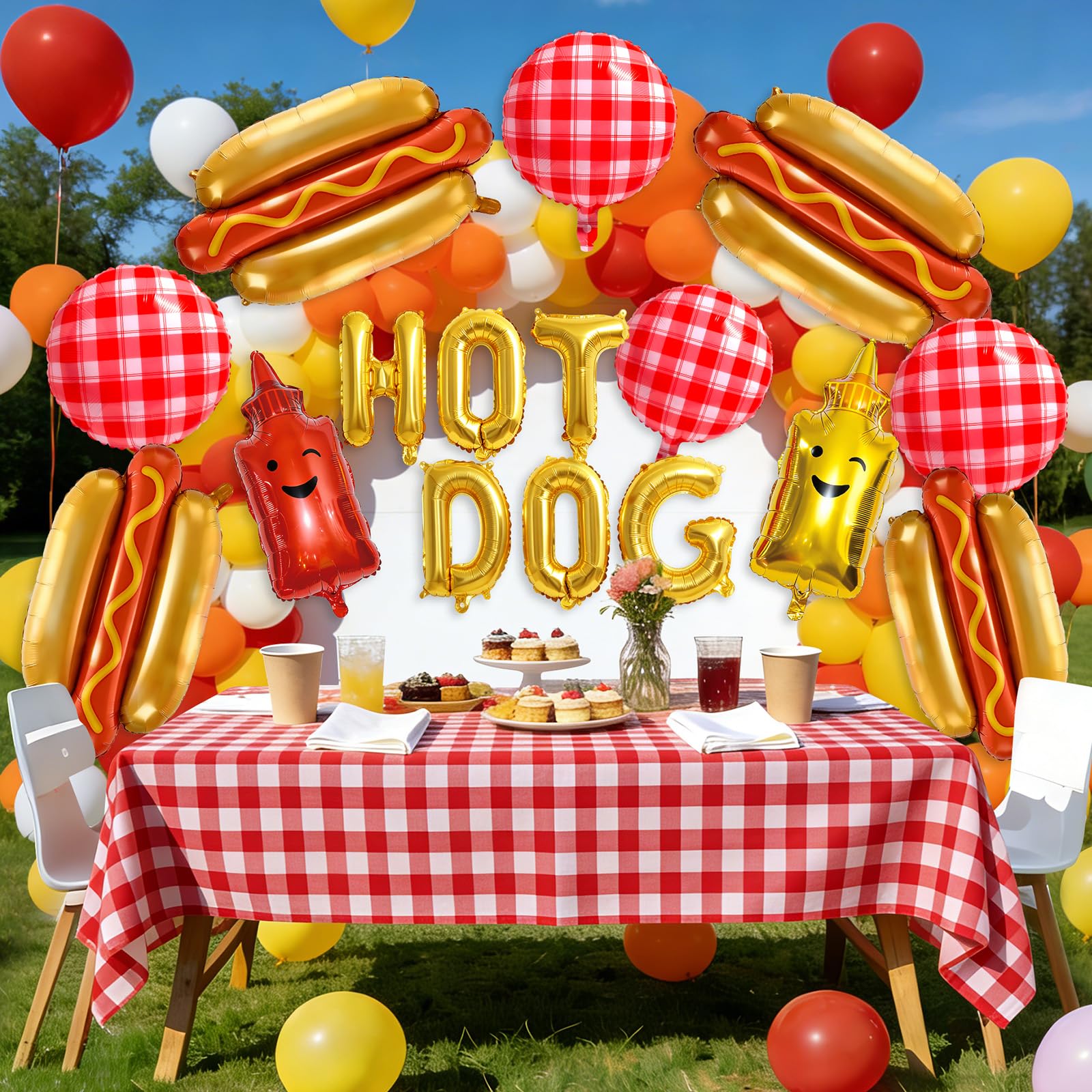 Hot Dog Balloon Garland Arch Kit, Fast Food Snacks Picnic Burger BBQ Decorations with Banner, Picnic Tablecloth, Foil and Latex Balloons for Kids Baby
