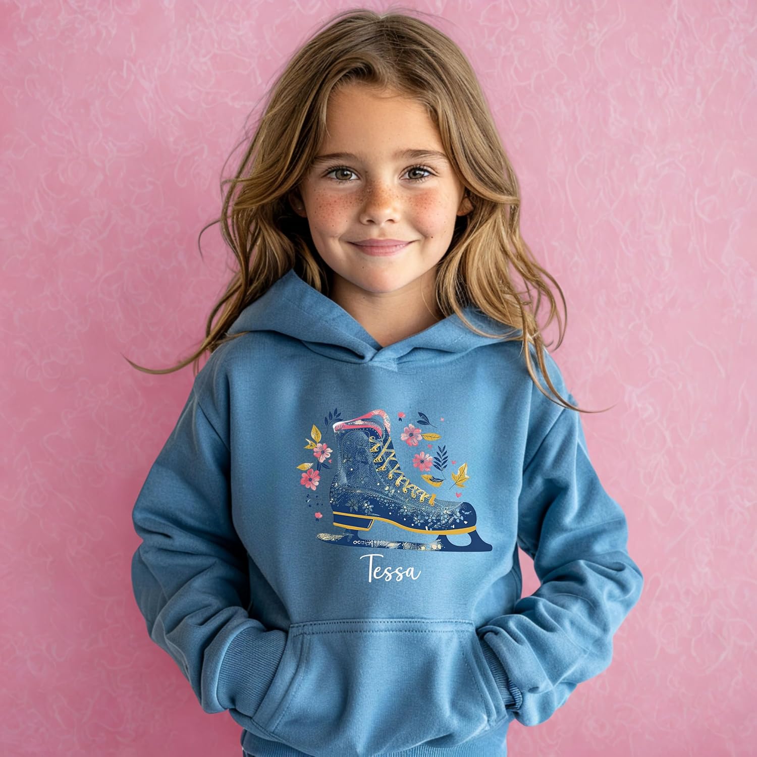 Personalized Ice Skating Hoodie for Girls, Custom Name Hooded Sweatshirt with Figure Skates and Flowers, Youth Ice Skater Gift, Figure Skating Shirt, Kids Winter Sports Apparel