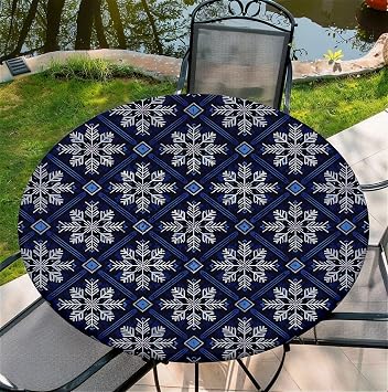 Round Fitted Tablecloth with Elastic Edge for 65in Tables,Washable Table Cover for Party Picnic Dinner Farmhouse Tabletop Decor - Dark Navy Blue Snowflake