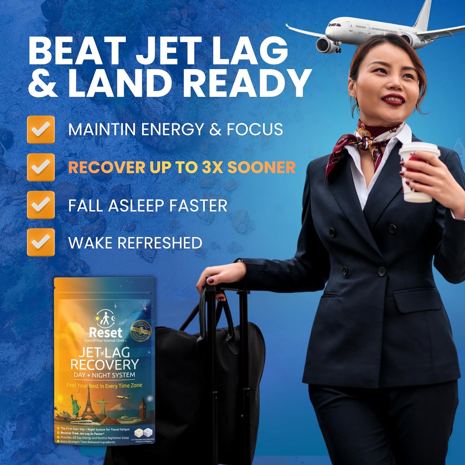 Reset Jet Lag Recovery System | Day and Night Transdermal Patches with Extra Strength Melatonin, Magnesium and B Vitamins | Travel Fatigue Relief, Sleep Support | Energy Boost (2 Traveler Bundle)