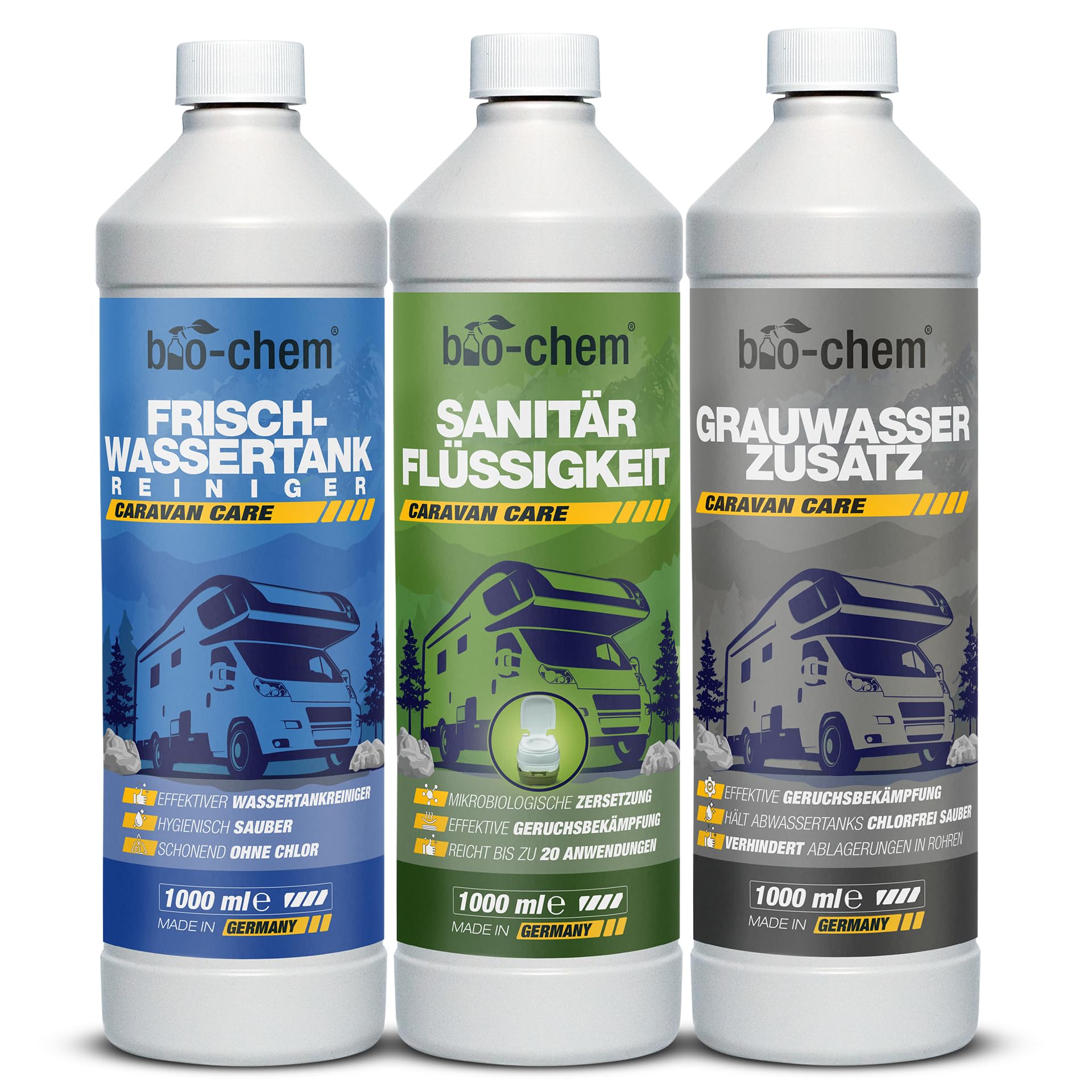 bio-chem Camping Hygiene Zusätze Set 3-teilig | Mit Sanitärflüssigkeit 1L, Frischwassertank-Reiniger 1L und Grauwassertank-Zusatz 1L | Campingtoiletten-Zusätze