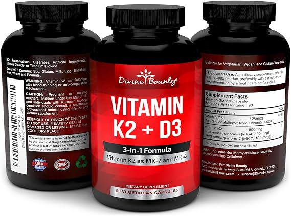 Divine Bounty Vitamin K2 (MK7 & MK4) with D3 (5000 IU) Supplement, 90 Caps