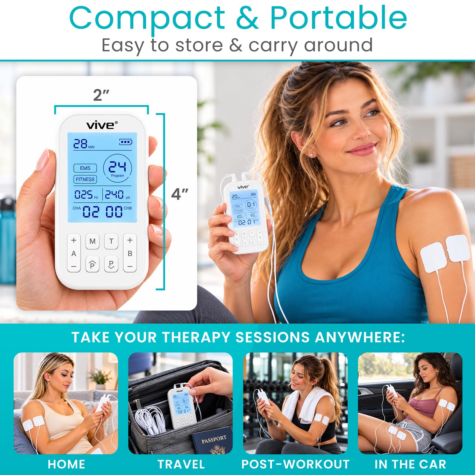 Vive Stim Machine for Muscle Recovery - 24 Mode Tens Unit Stimulator for Pain Relief Therapy - 24 EMS & 12 Fitness Models with Electrodes for Period Cramps, Physical Therapy - Stimulation Device — Amazon image 4
