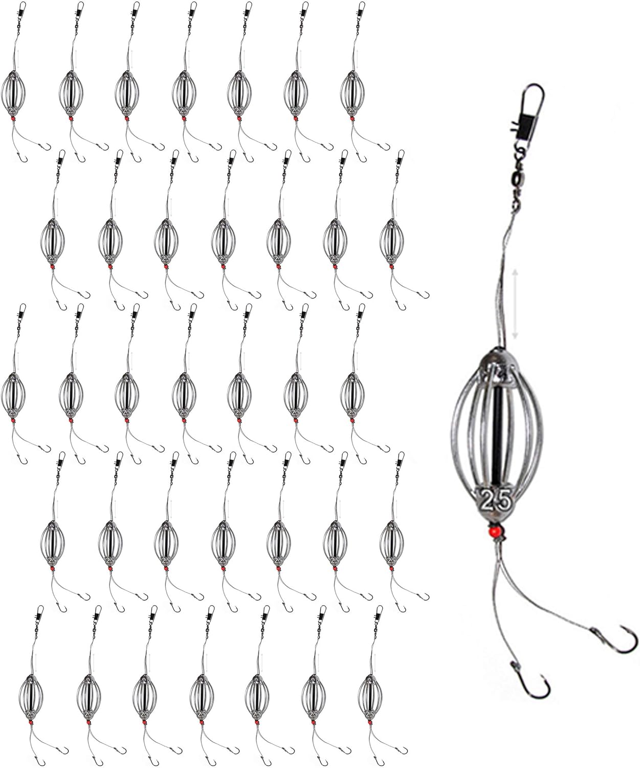35pcs Carp Steel Bait Fishing Feeder Method 0.88oz Fishing Rig Hook #6 Inline Cask Cage Feeder Fishing Tackle