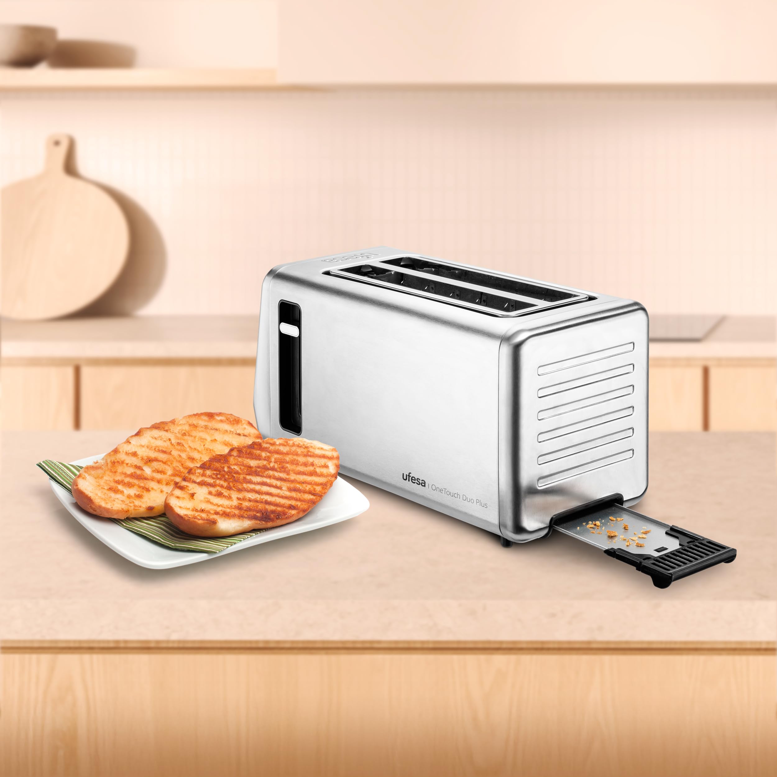 Ufesa One Touch Duo Plus, Tostador Digital 1400W, 2 Ranuras, Pantalla LED, 6 Niveles, Funciones Pan, Bagel, Muffin, Gofre, Recalentar, Descongelar, Memoria, Bandeja Recogemigas