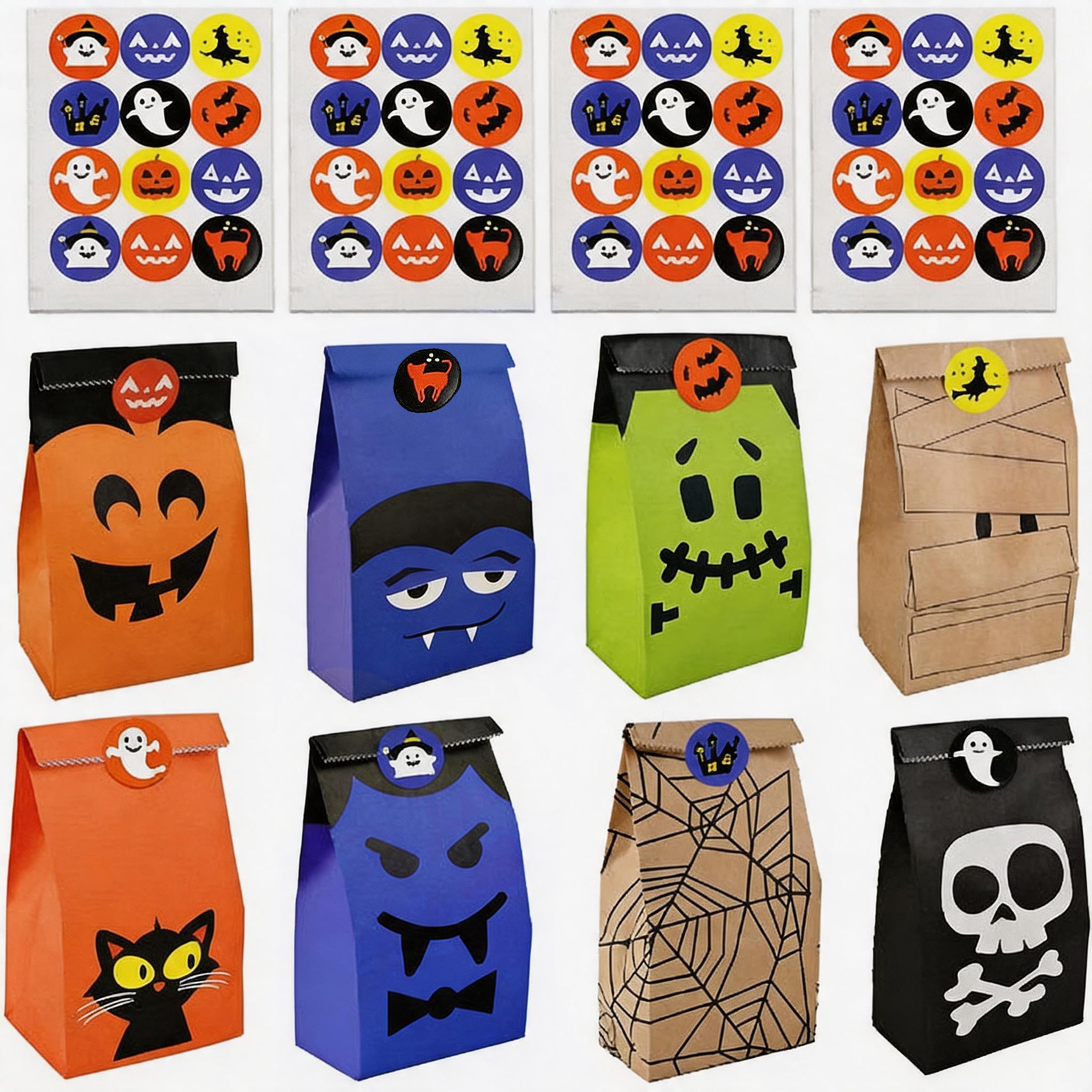 Yulun0328 Halloween Treat Bags Party Favors - 48 Pcs Halloween Candy Bags for Trick or Treat + 48 Stickers, Halloweens Goodie Bags for Candy Snacks, Halloweens Gift Bags Supplies