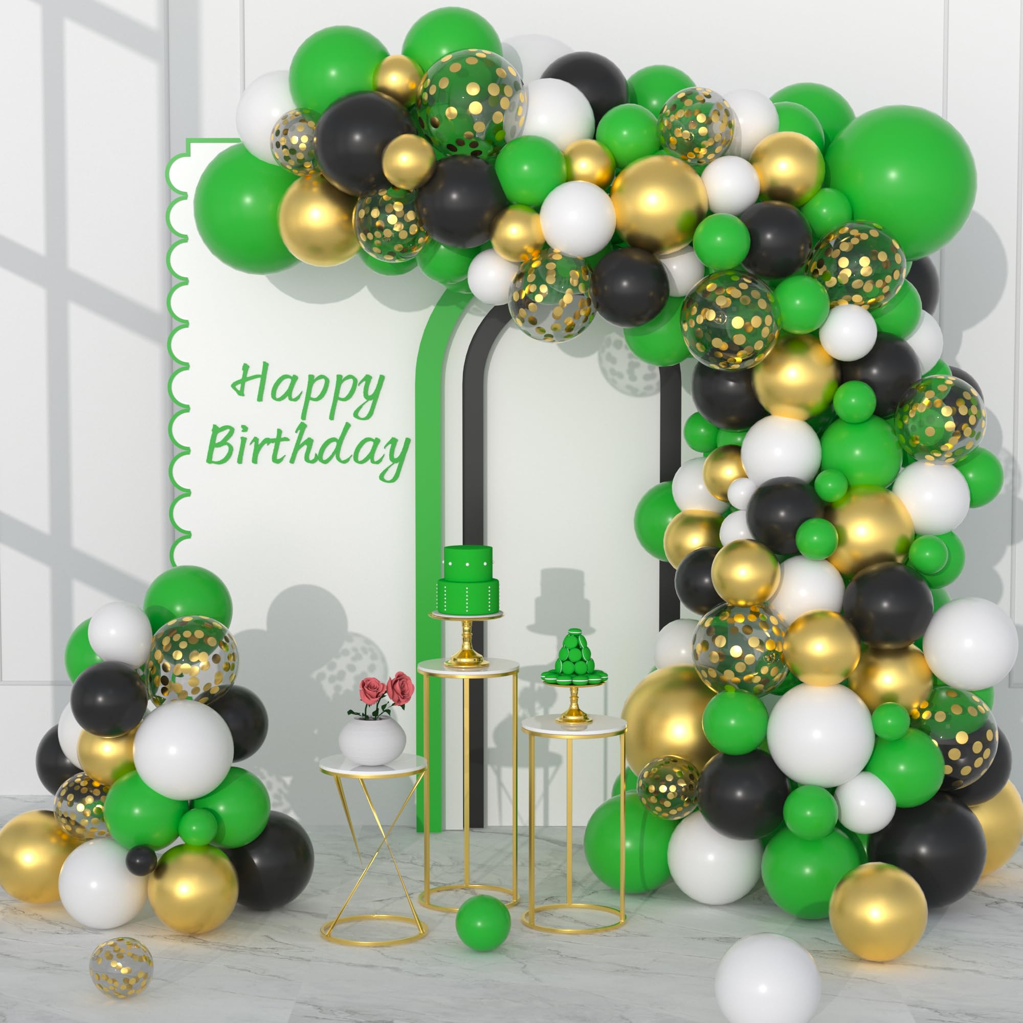 Black Green White Balloon Garland Arch Kit, 122PCS Green Black and White Balloons Metallic Gold Confetti Balloons for Video Gaming Birthday Graduation
